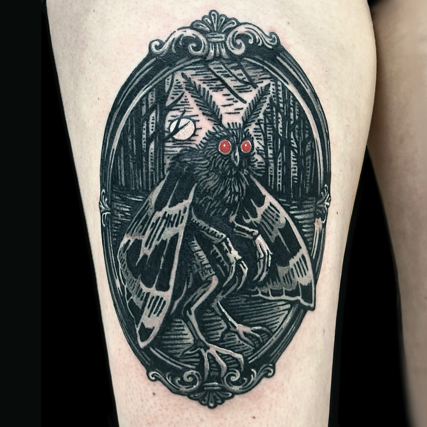 Owl black and grey tattoo on the thigh by Madeline Brown