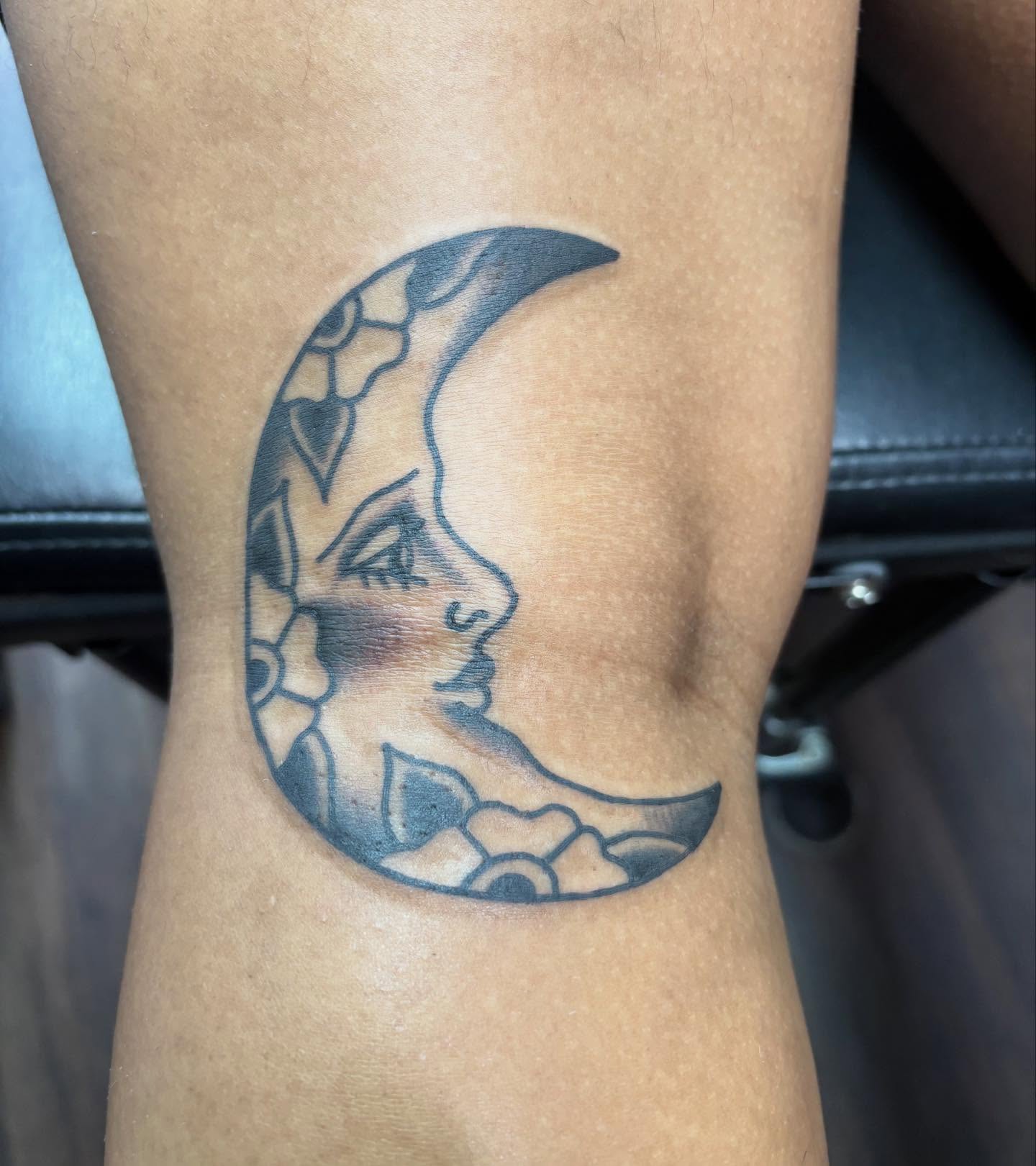 Moon and face black and grey tattoo on the forearm by ✨Shelby ✨