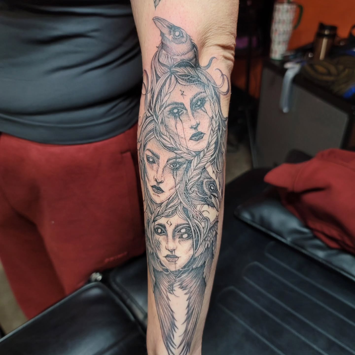 Three faces realism tattoo on the forearm by Mary Lefeau