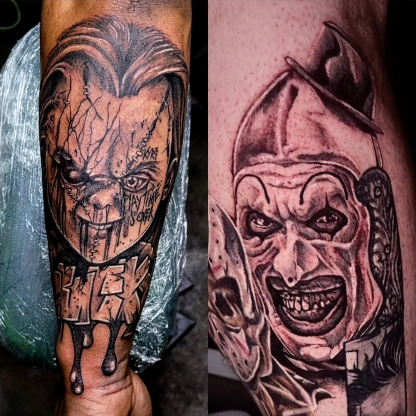 Clown dark realism tattoo on the forearm by Tyler Monty