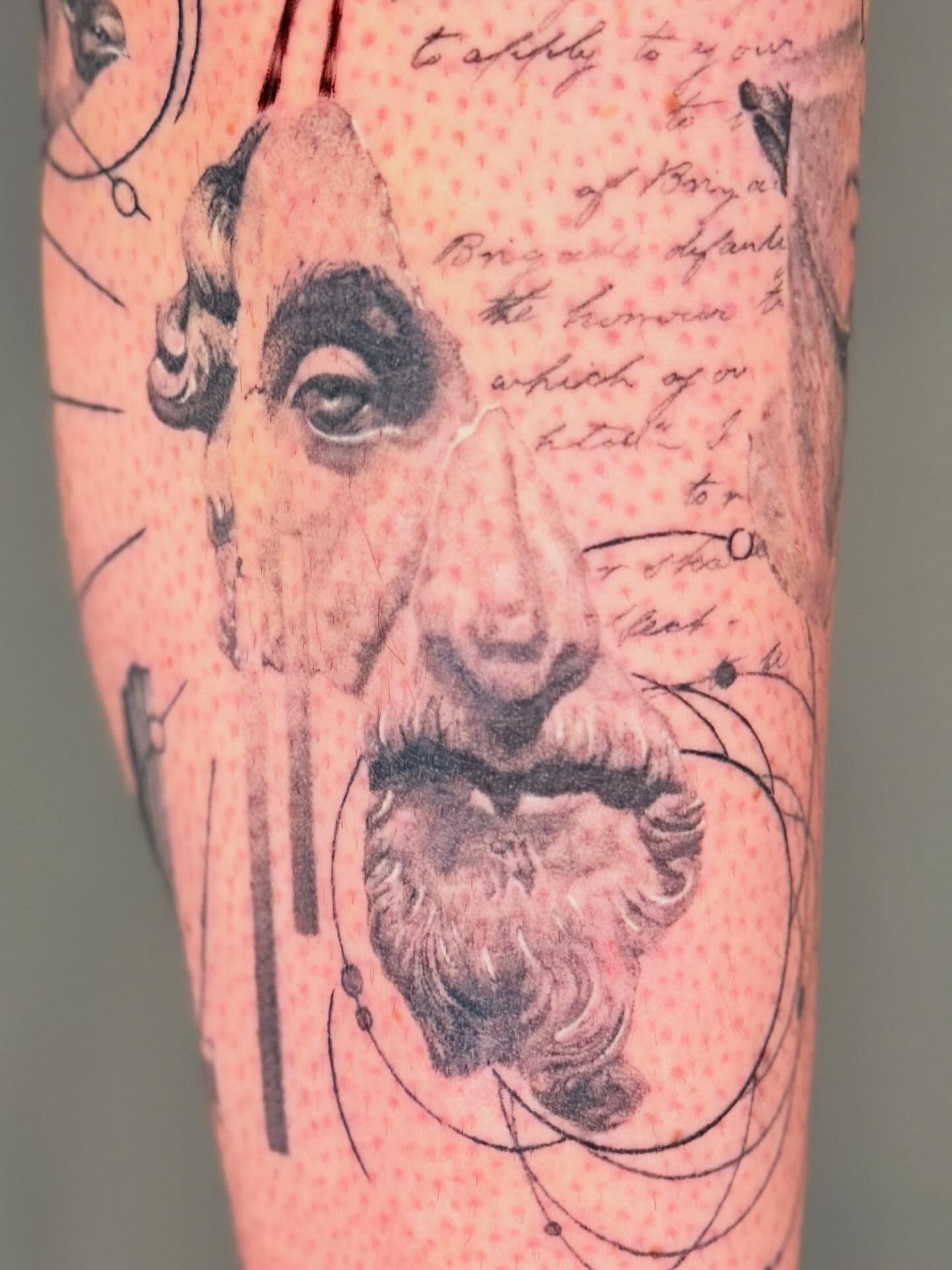 Portrait of albert einstein dotwork tattoo on the forearm by Amber Starr, Midvale, Utah