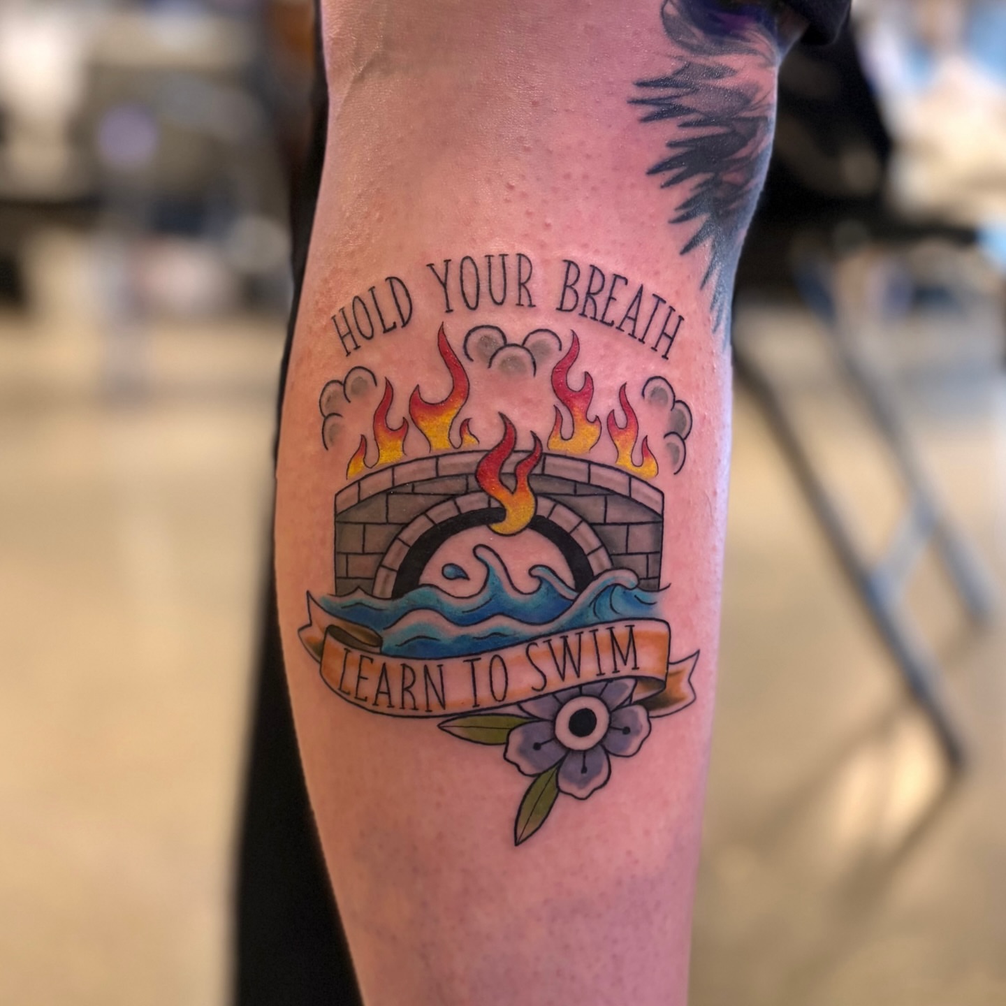 Hold your breath learn to swim American traditional tattoo on the forearm by Lauren Dempsey, Dearborn, Michigan