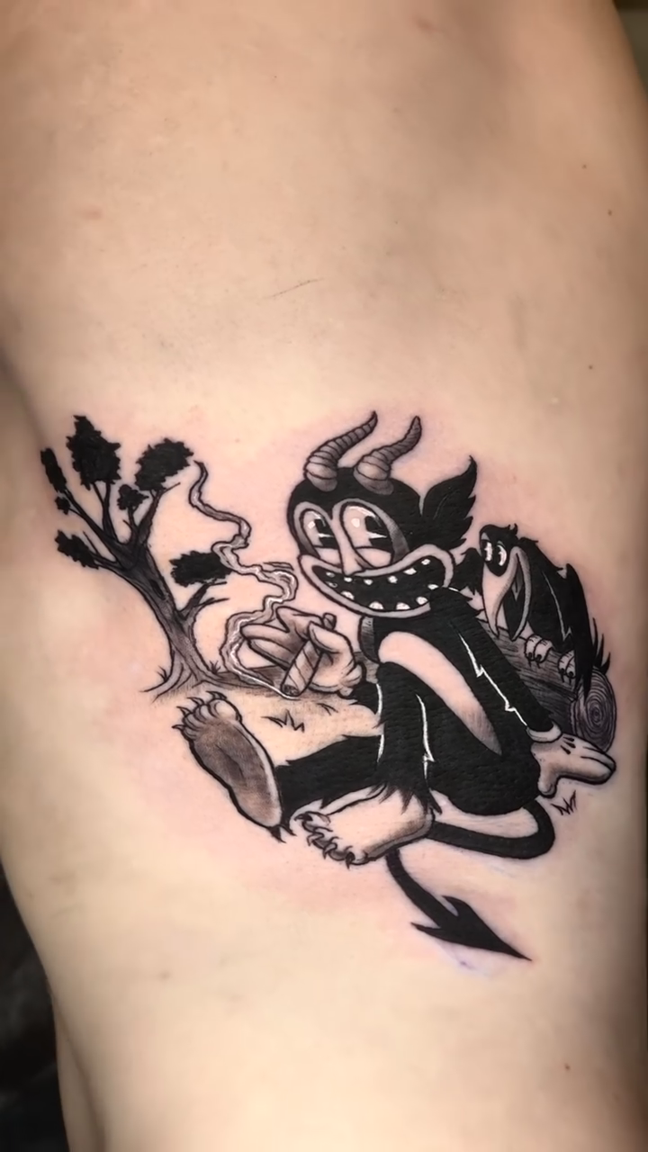 Devil character blackwork tattoo by Wiser Oner- Salt Lake City Tattoo Artist, Salt Lake City, Utah