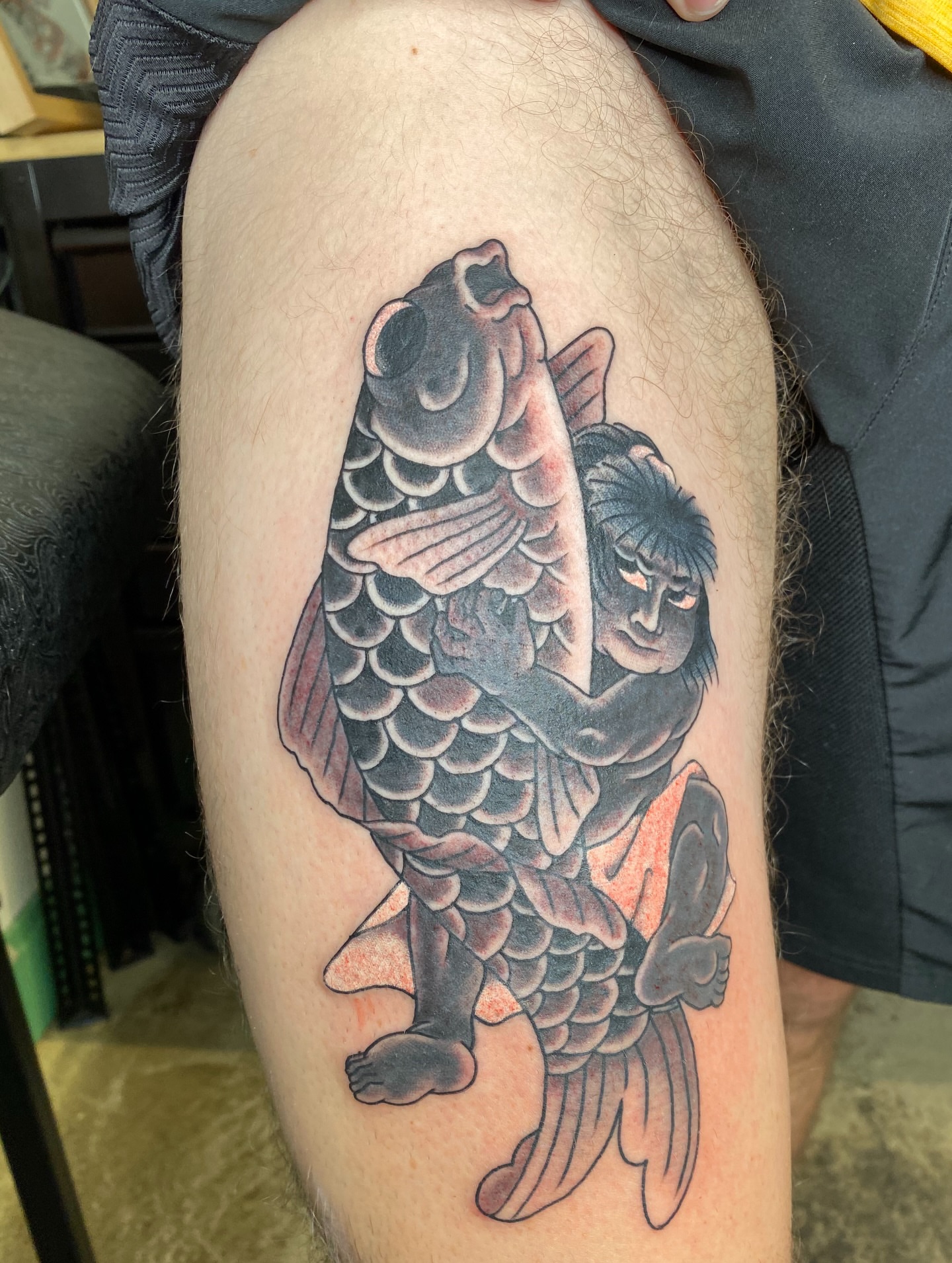 Koi fish japanese irezumi tattoo on the thigh by Mike "Yogi" Trube