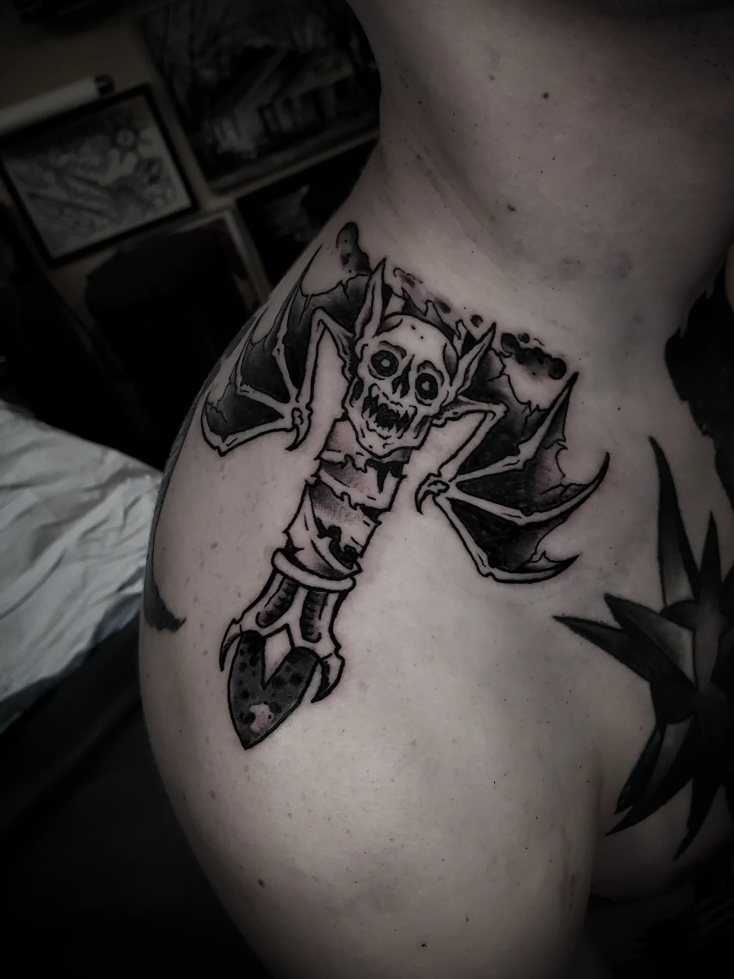Skull with wings black and grey tattoo on the shoulder by ✙ 𝐉𝐃 𝐒𝐩𝐫𝐨𝐮𝐥 ✙, Austin, Texas