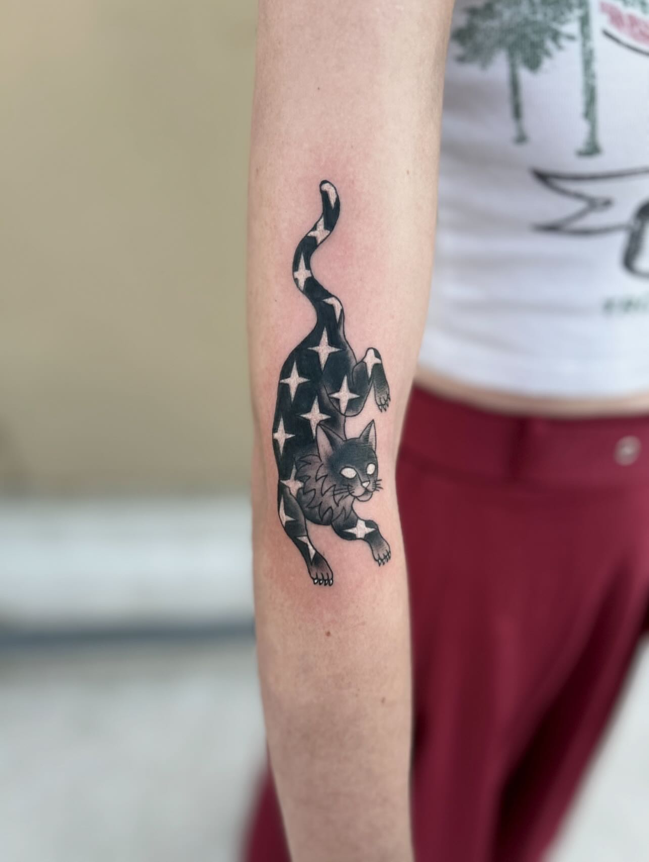 Cat American traditional tattoo on the forearm by ๐ Michelle ๐