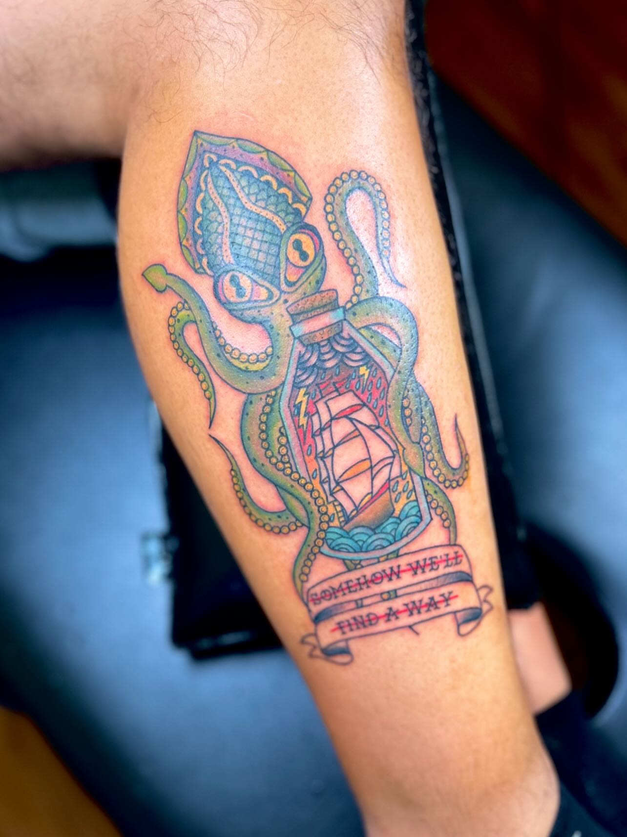 Octopus and ship geometric tattoo on the forearm by ๐ Michelle ๐