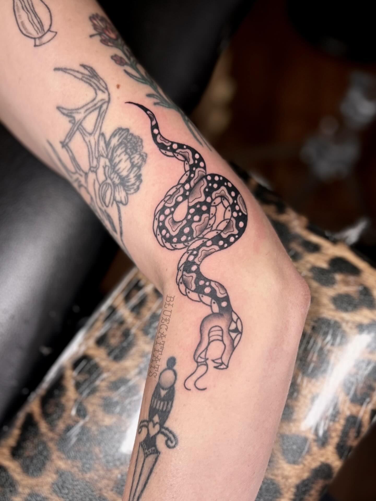 Snake dotwork tattoo on the forearm by ๐ Michelle ๐