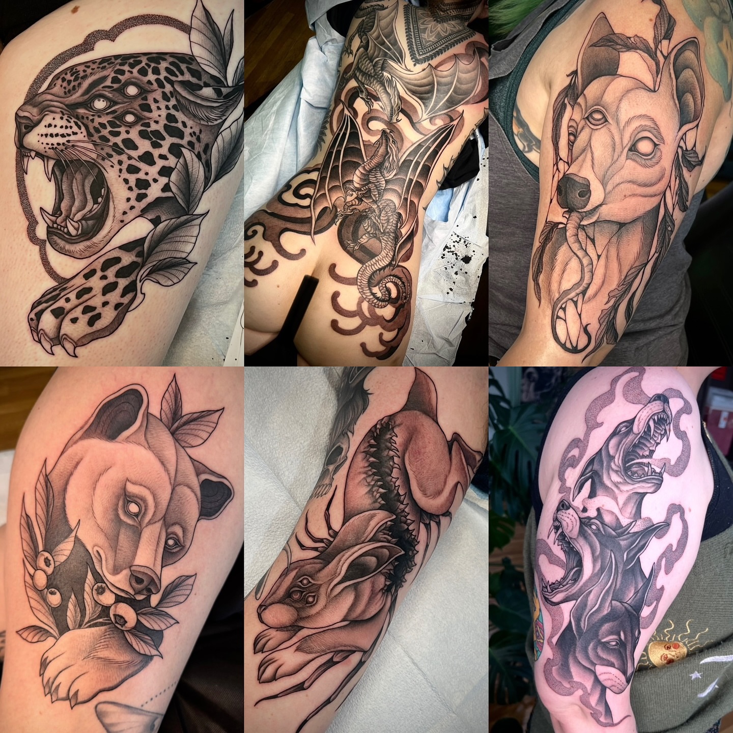 Animal heads black and grey tattoo on the upper arm by Mia Manzanedo