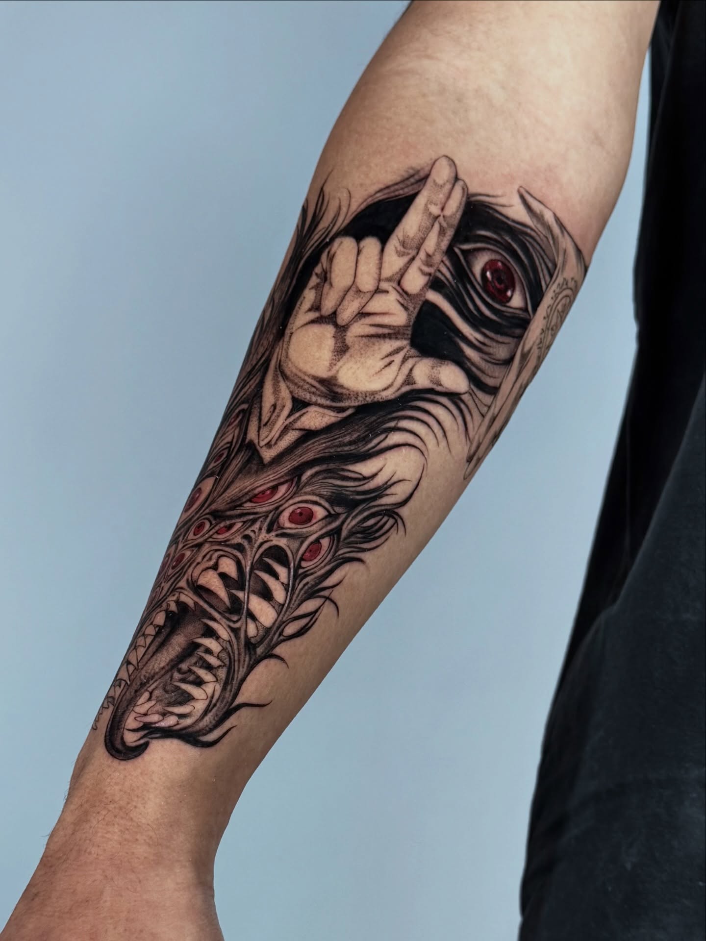 Eye and hand gesture realism tattoo on the forearm by Tattoos.byDahlia, Austin, Texas