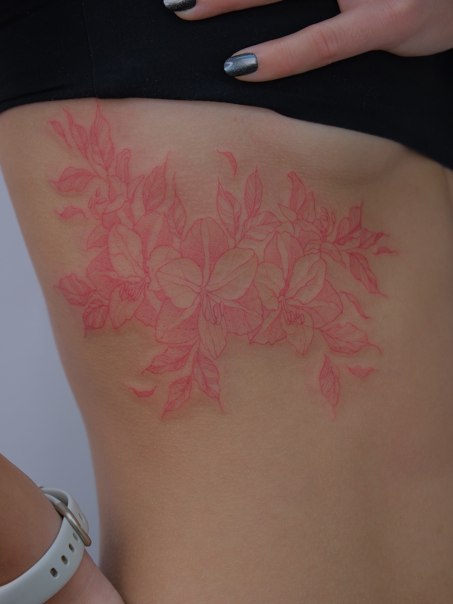 Flowers dotwork tattoo on the thigh by Tattoo in Charlotte NC, Charlotte, North Carolina
