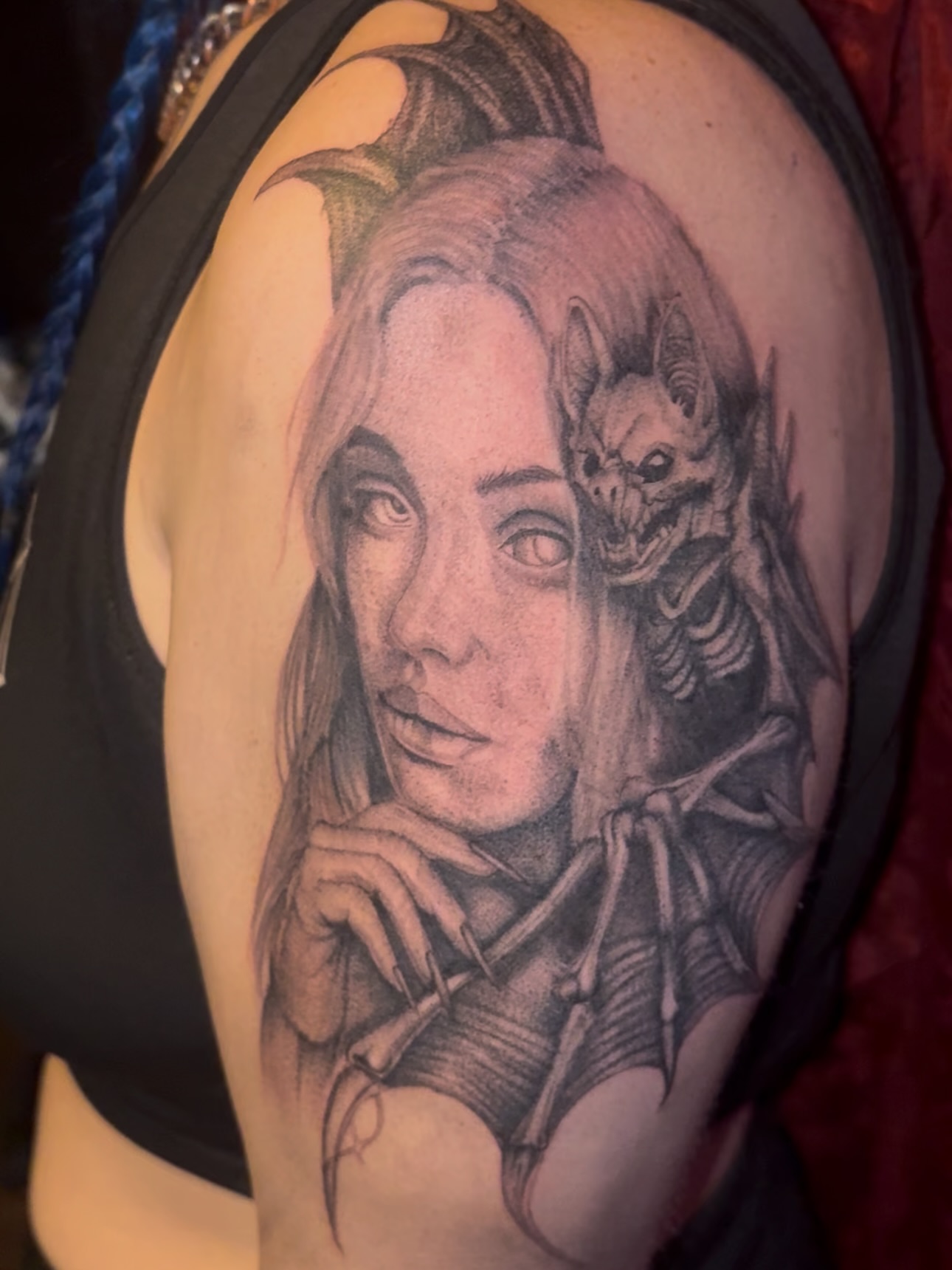 Portrait with demon realism tattoo on the shoulder by 𝔾𝔥𝓸ş𝔱