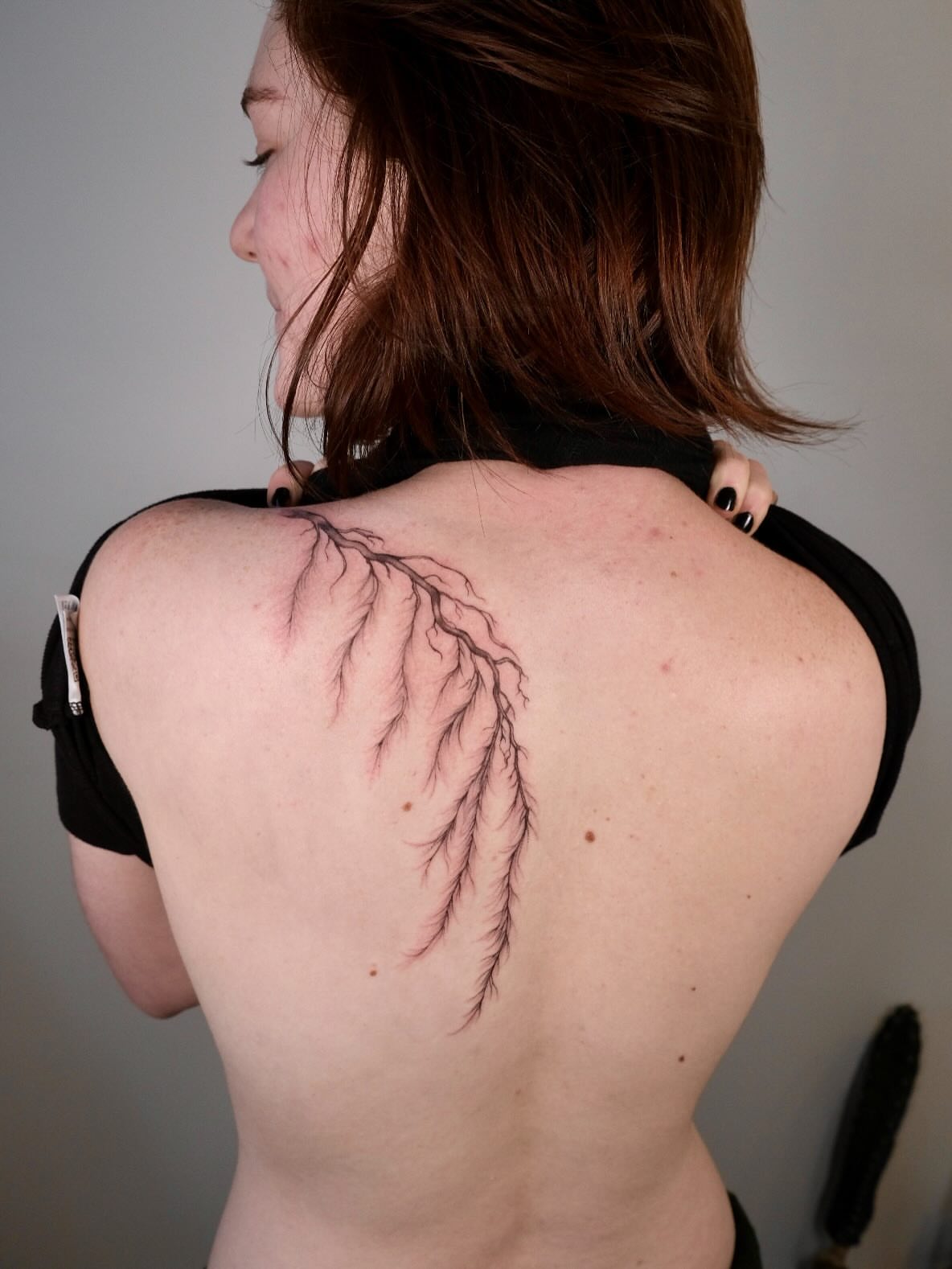 Root system black and grey tattoo on the back by macie ❥ austin tattoo artist, Austin, Texas