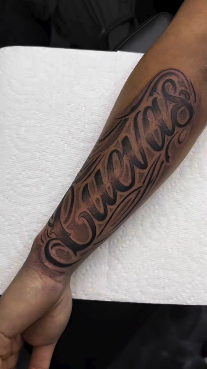 Tattoo by @302inkgod — lettering_script, black_and_grey