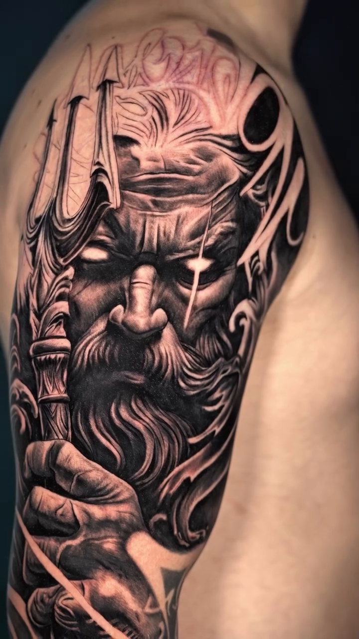 Poseidon realism tattoo by Ricardo javier Gil, Dallas, Texas