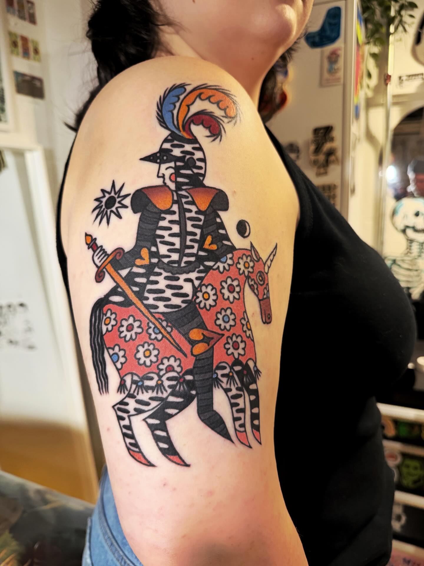 Skeleton knight riding unicorn American traditional tattoo on the shoulder by Manee Friday