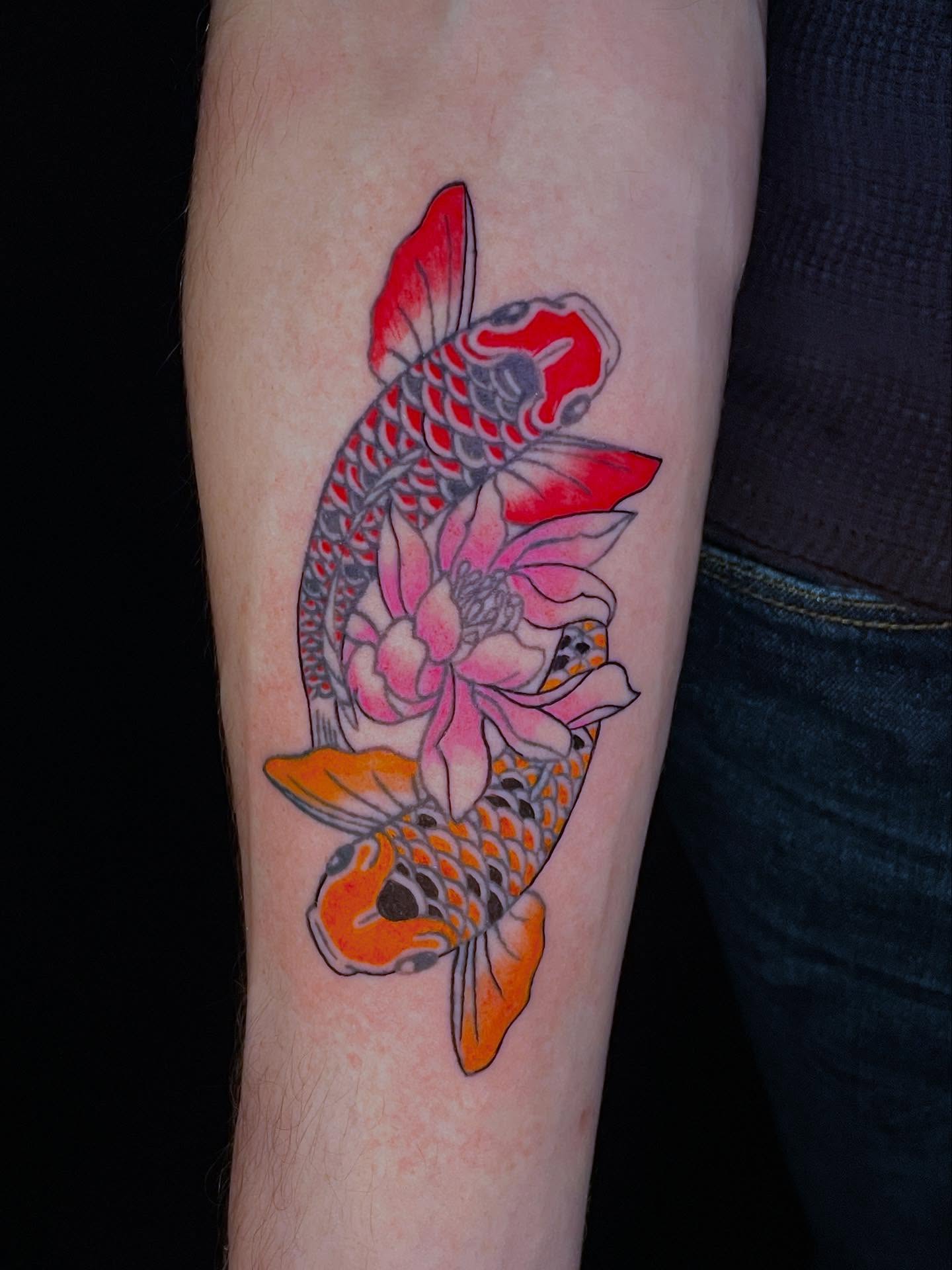 Koi fish and lotus japanese irezumi tattoo on the forearm by ๐ท๐ซKevan๐๐ท