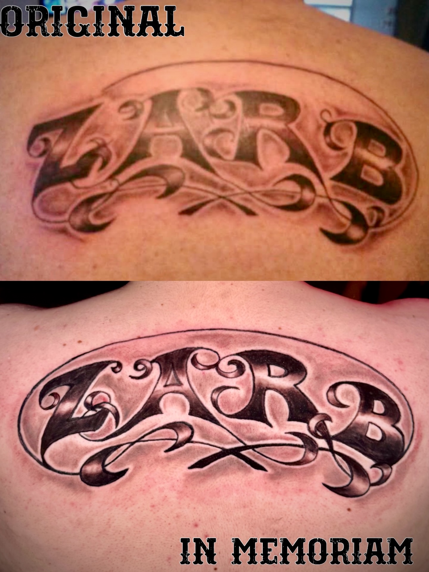 Script lettering lettering script tattoo on the back by Bob Howdy