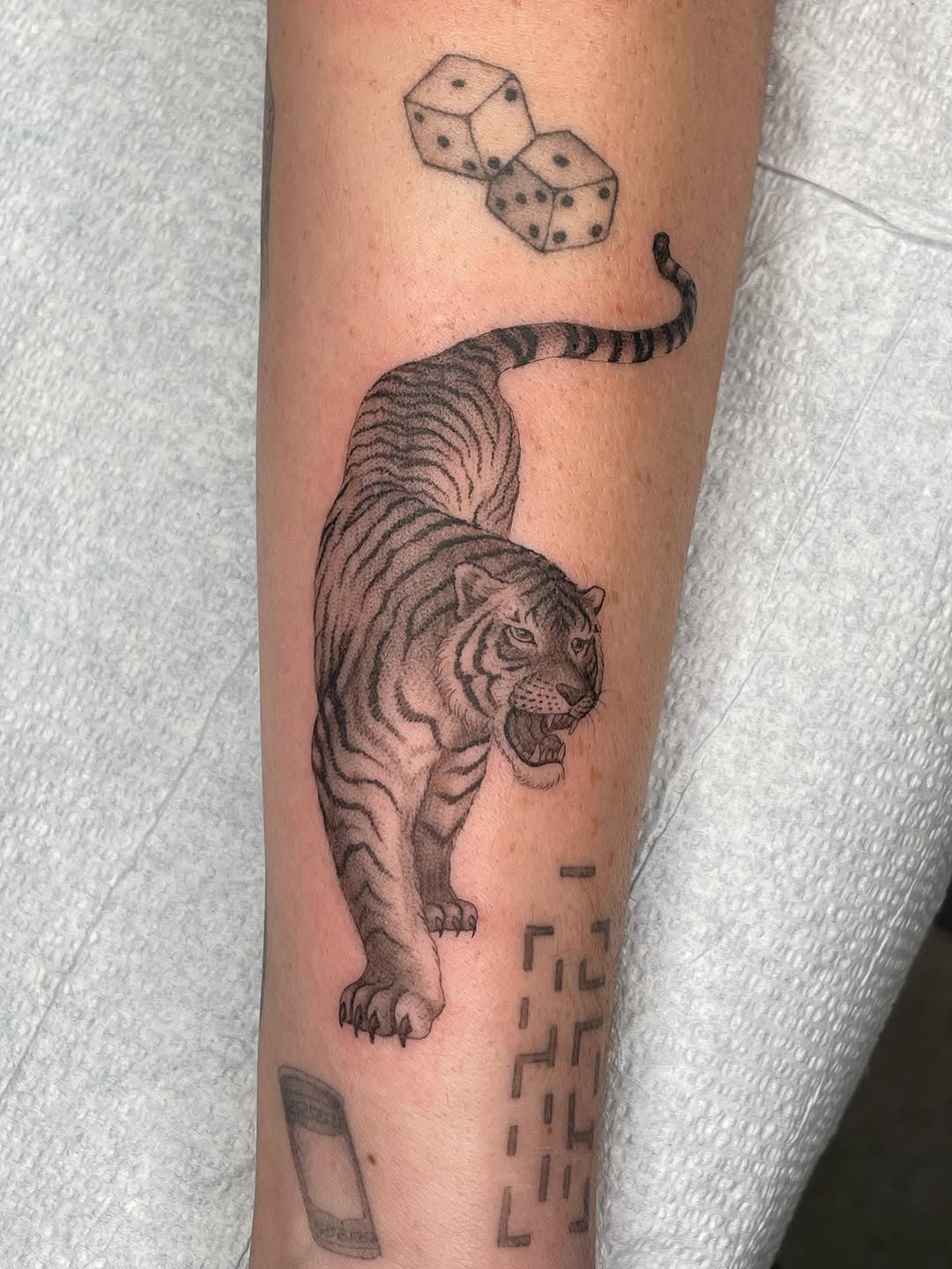 Tiger and dice realism tattoo on the forearm by Jesus A.