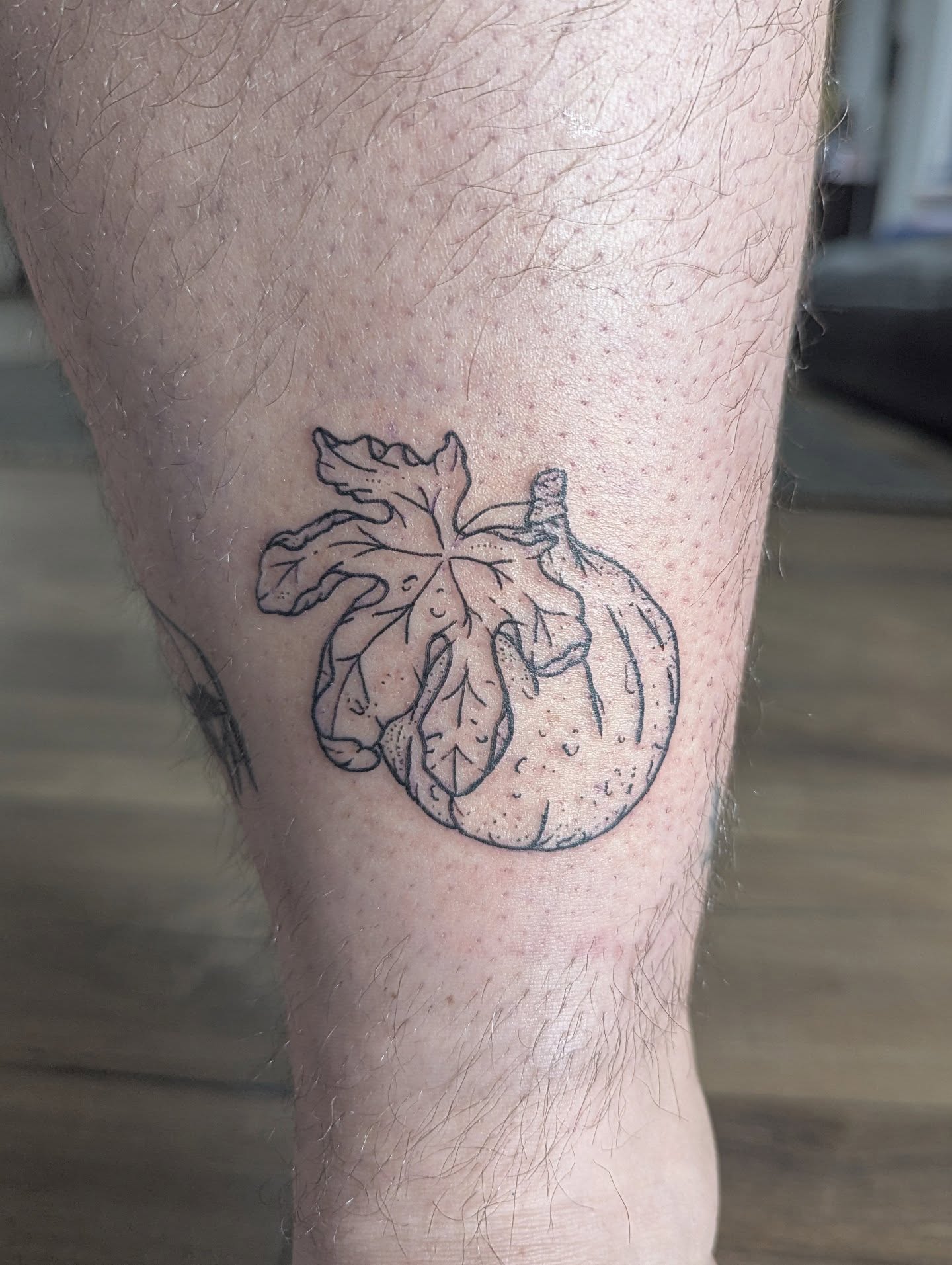 Pomegranate black and grey tattoo on the thigh by Patricio