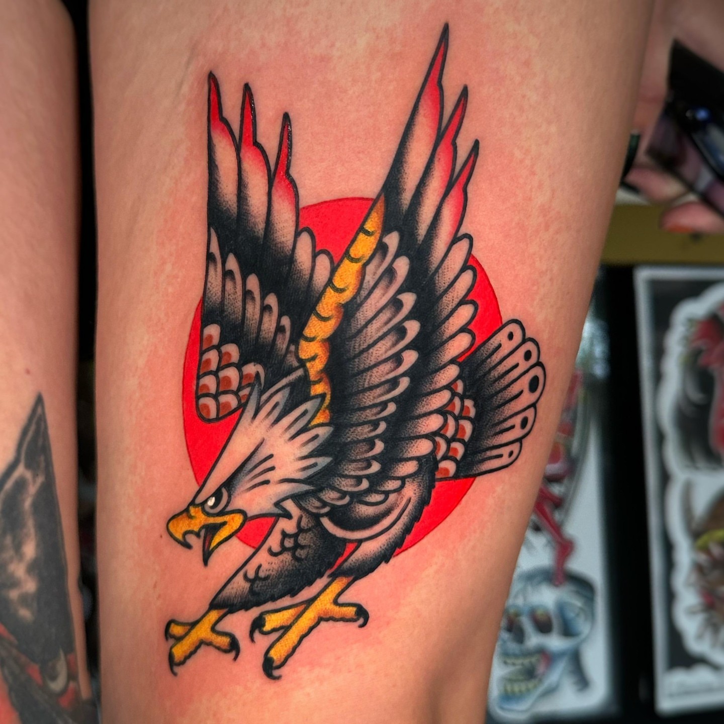 Eagle American traditional tattoo on the thigh by Alex Finnerty, Reading, Massachusetts