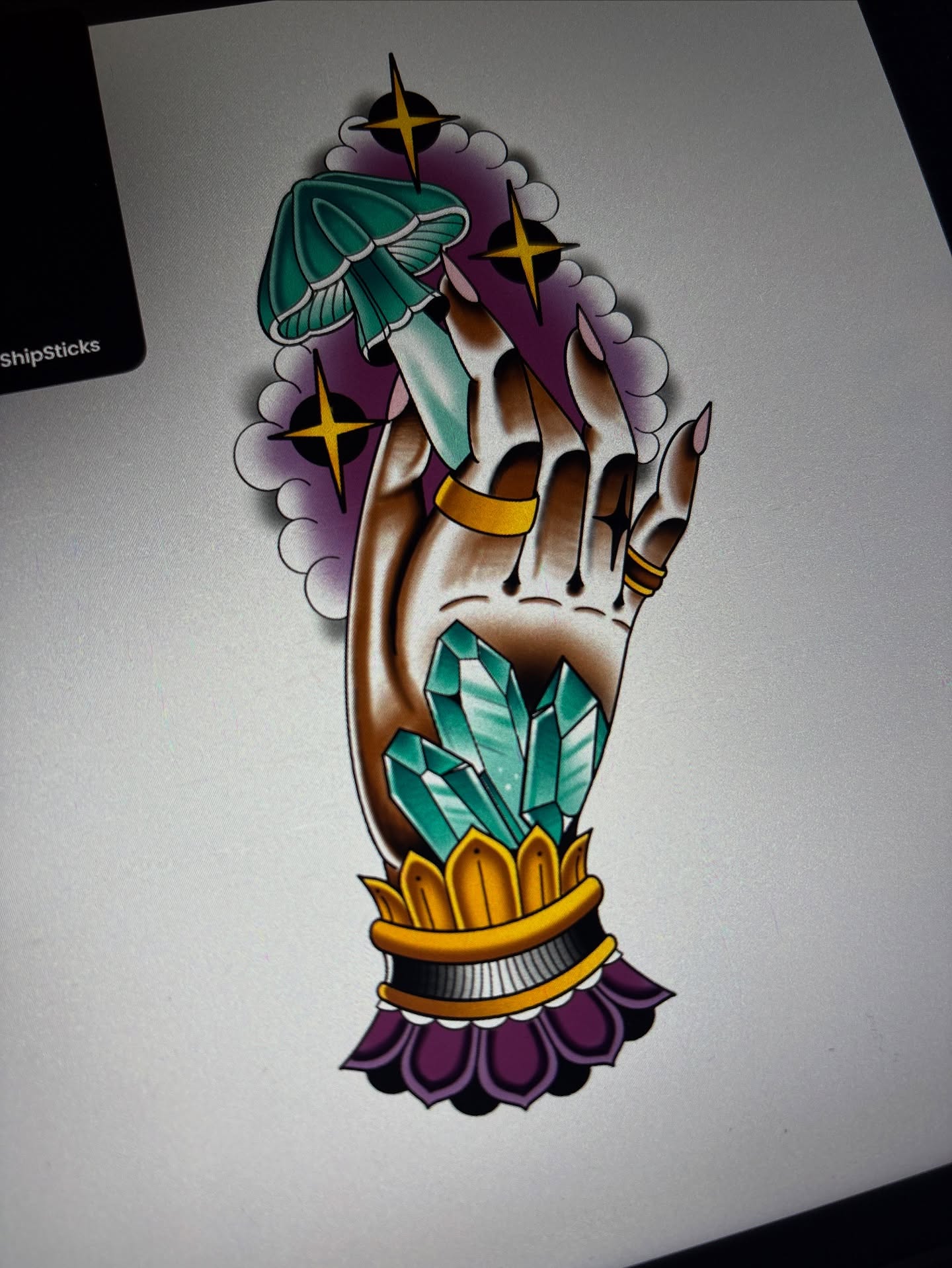 Hand with crystals American traditional tattoo on the hand by Josh Johns