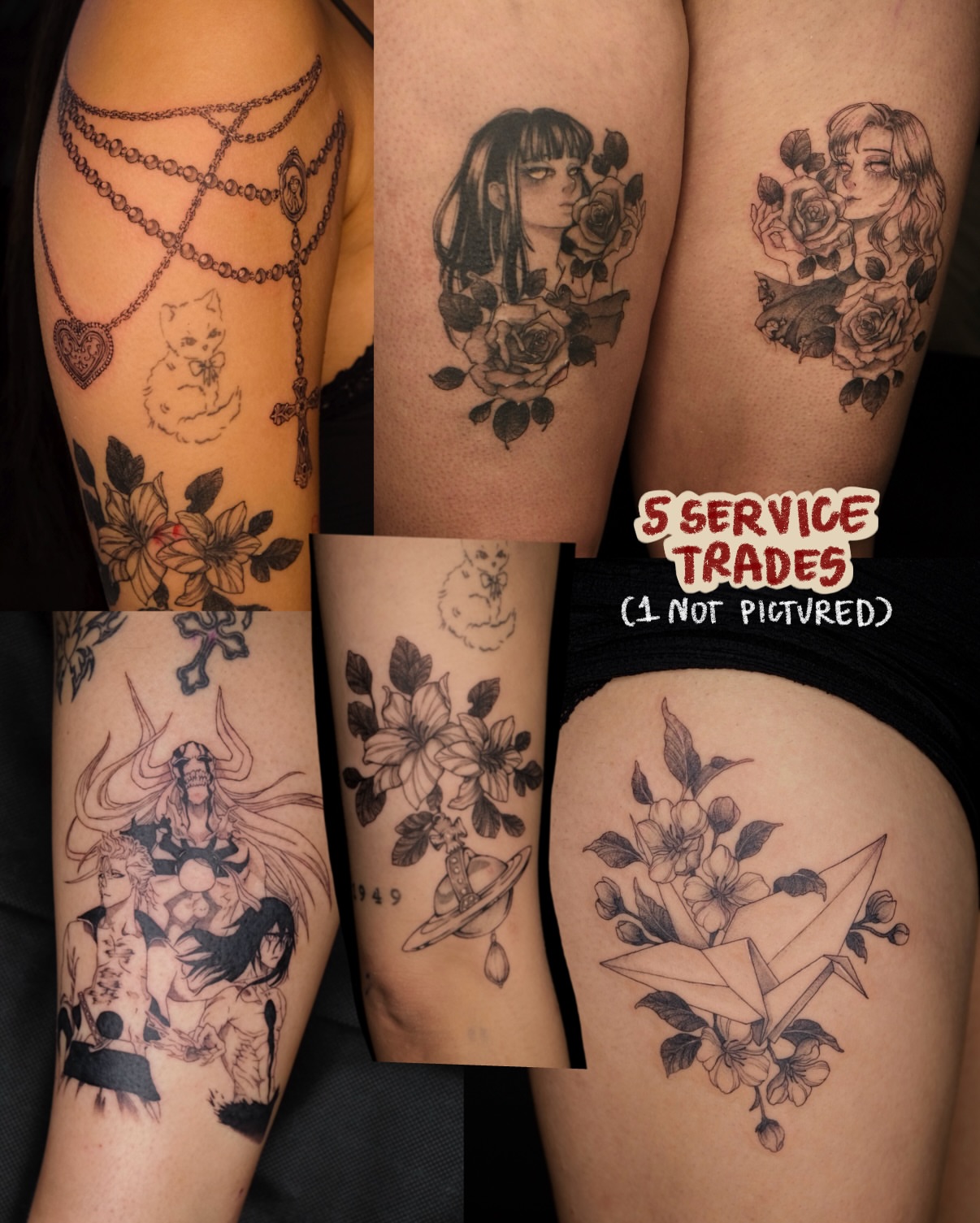 Floral and figurative anime tattoo on the thigh by misa (mi isabelle) β€οΈβπ₯π