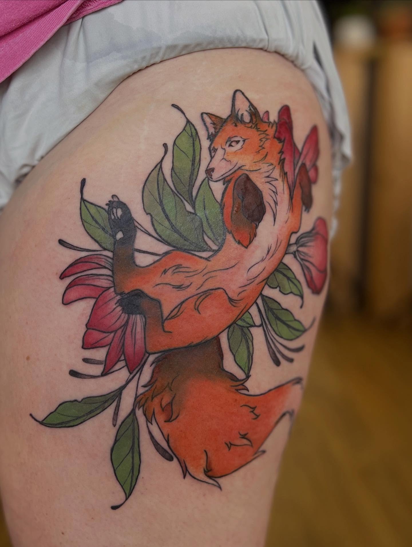 Fox and flowers new school tattoo on the thigh by Rebecca Kern Tattoos