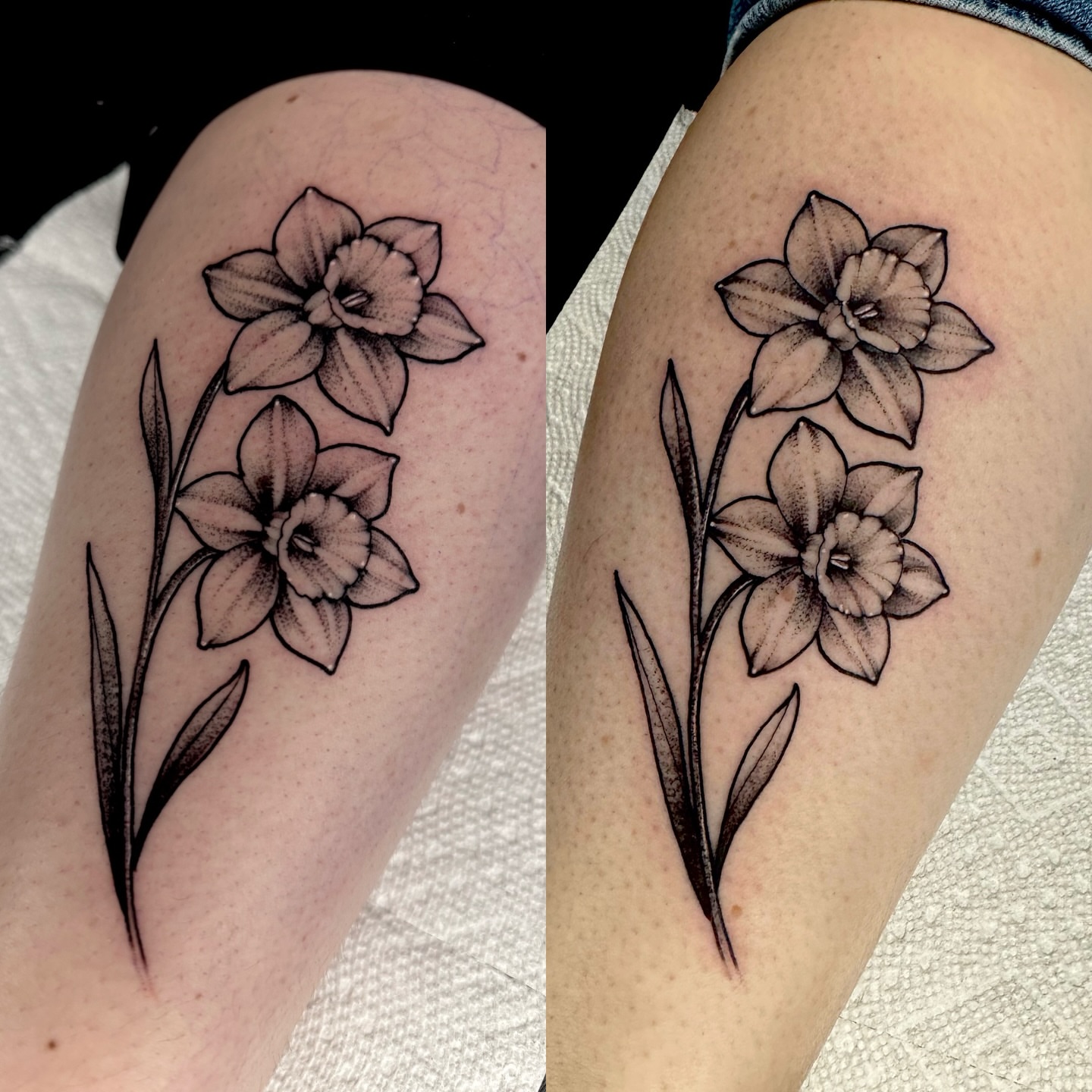 Daffodils dotwork tattoo on the thigh by Brett Brown