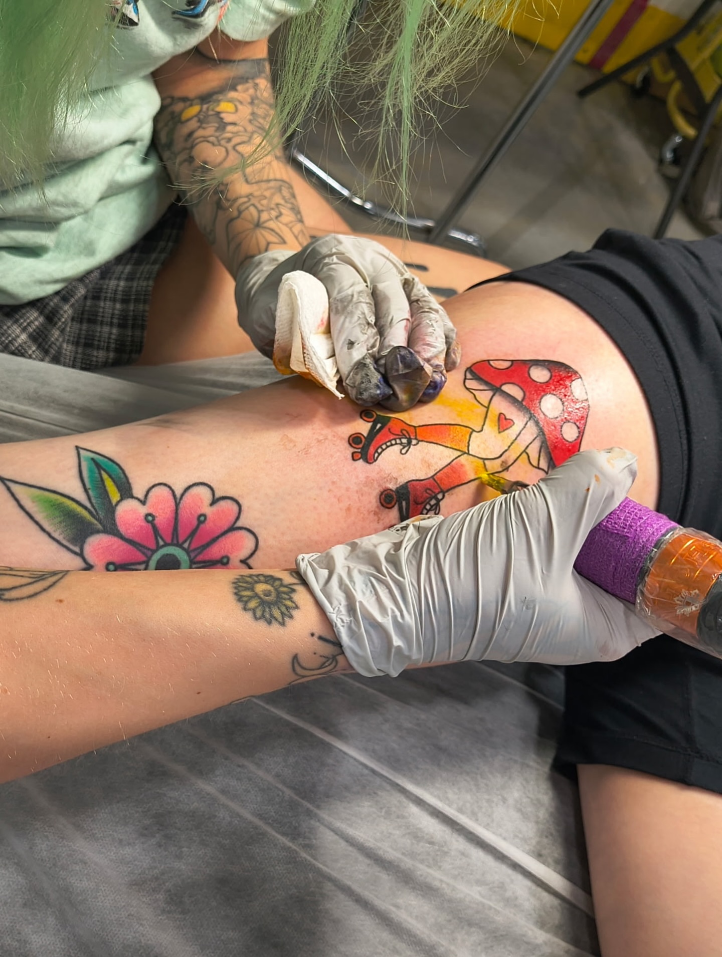 Mushroom and creature new school tattoo on the thigh by Glume Tattoo