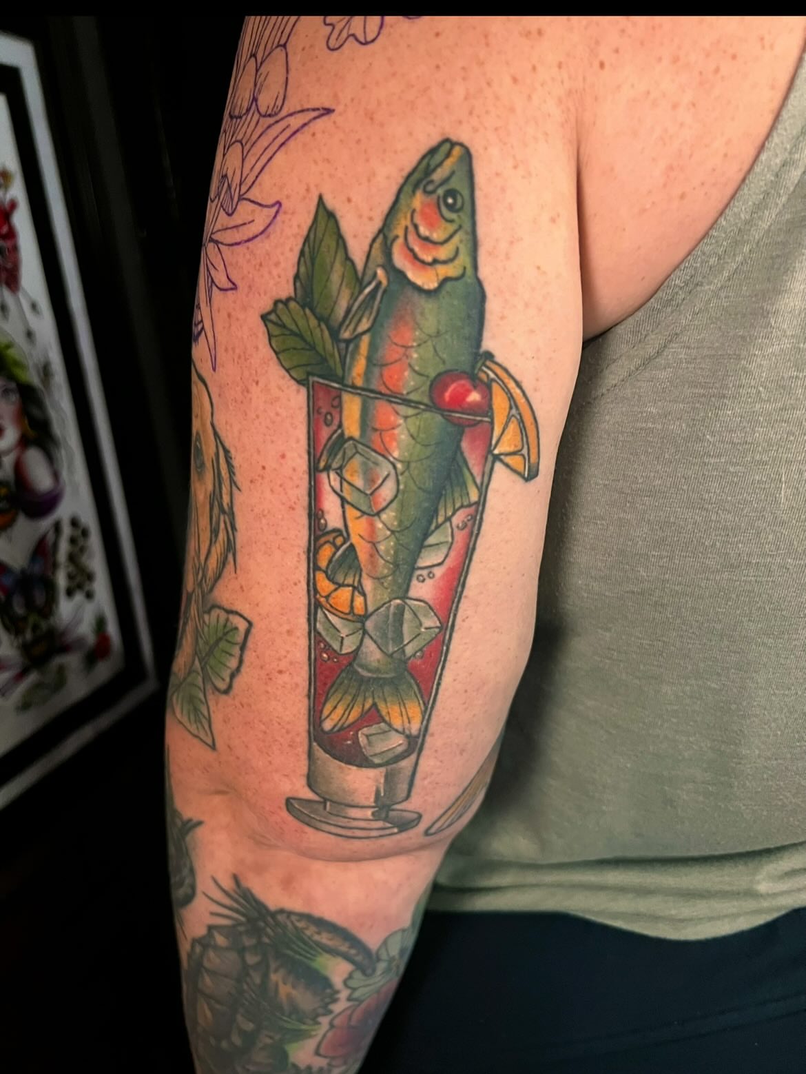 Fish cocktail American traditional tattoo on the forearm by 𝙻𝚒𝚊 𝙹𝚎𝚙𝚙𝚎𝚜𝚎𝚗
