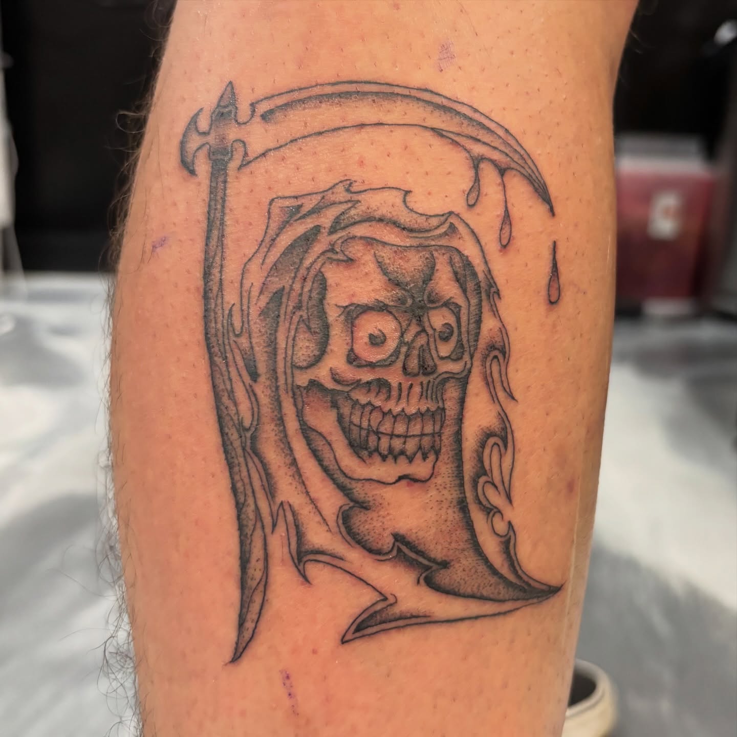 Grim reaper black and grey tattoo on the forearm by Miklo Montoya