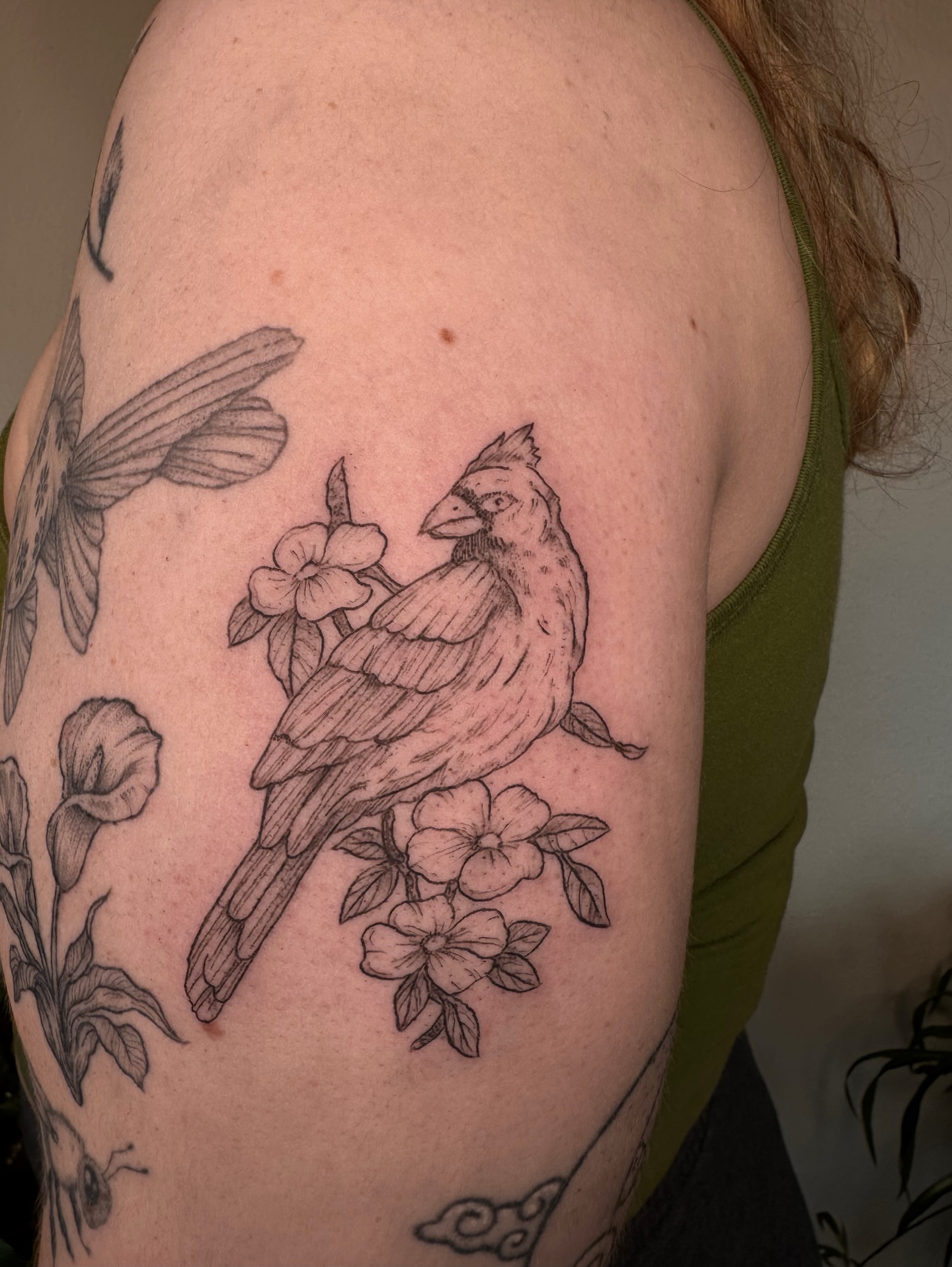 Cardinal and flowers black and grey tattoo on the shoulder by kenzie hunter
