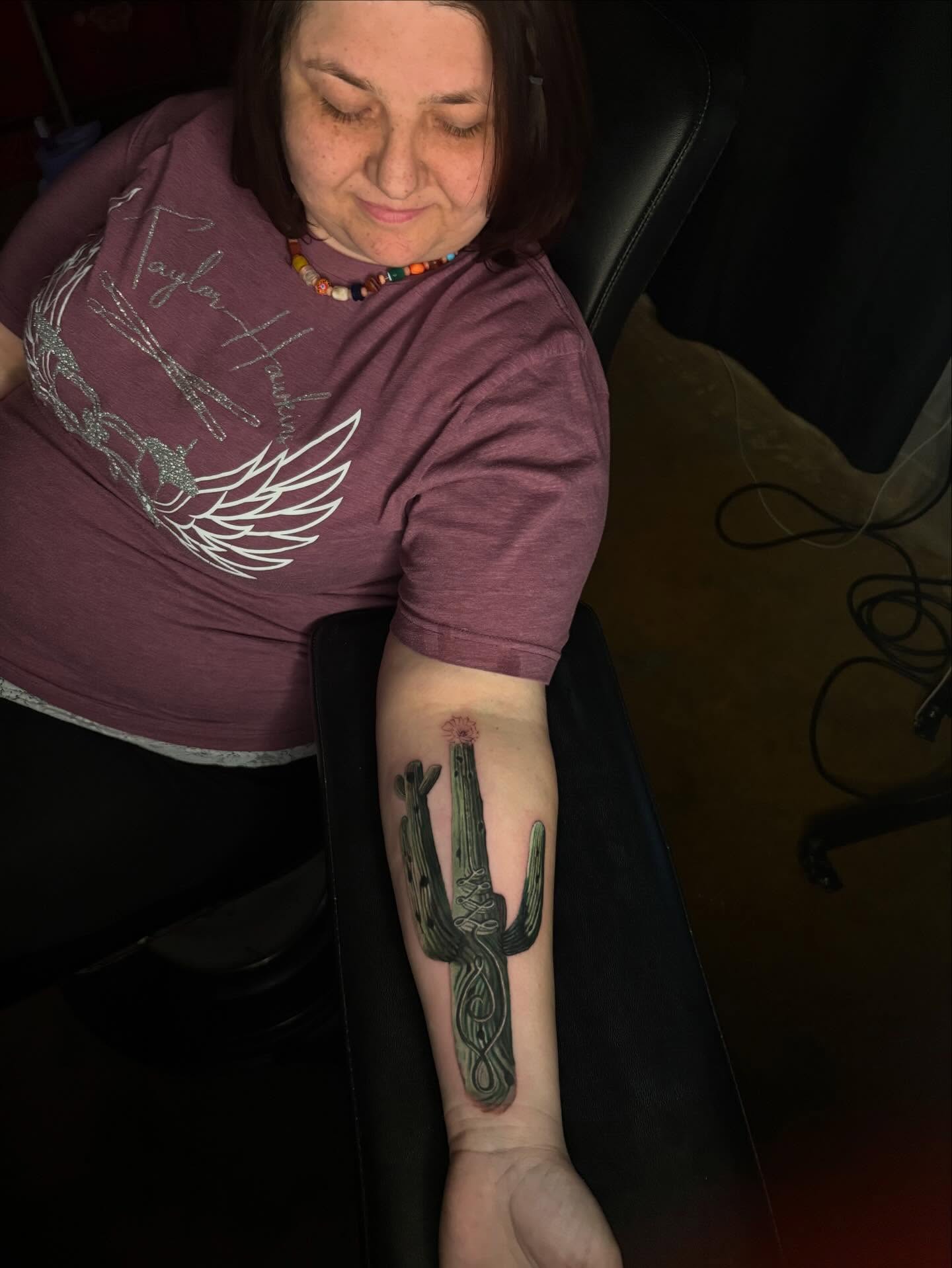 Cactus black and grey tattoo on the forearm by Misty Locket Realism Tattoo Artist Cover-up