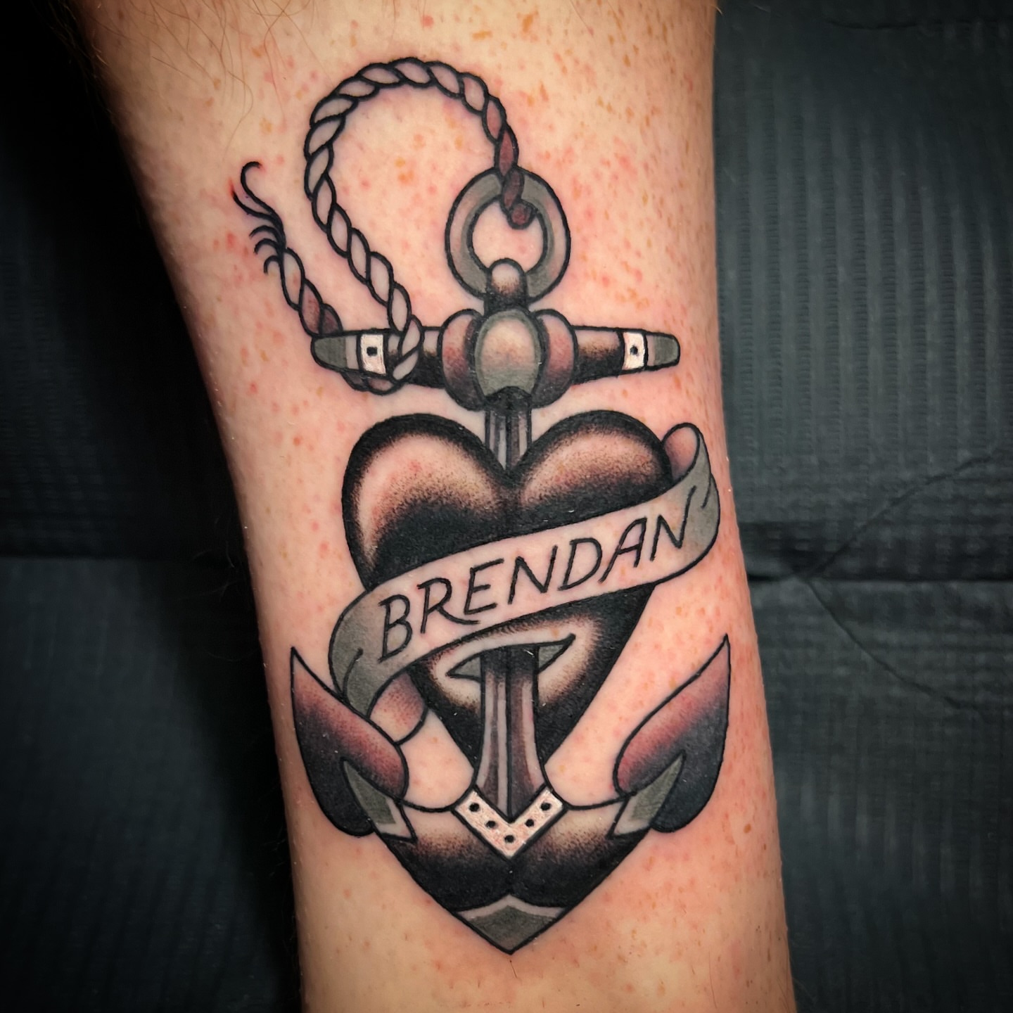 Anchor with heart American traditional tattoo on the forearm by Michael Munter, Philadelphia, Pennsylvania