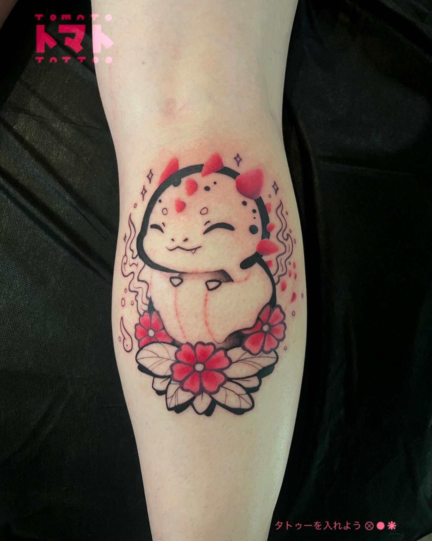 Tattoo by @tomato.tattoos — dotwork, anime