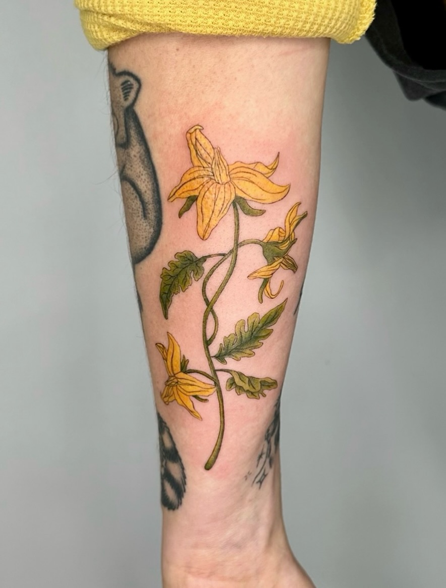 Yellow flowers realism tattoo on the forearm by 🌼Kristen Kooster Tattoos🌼