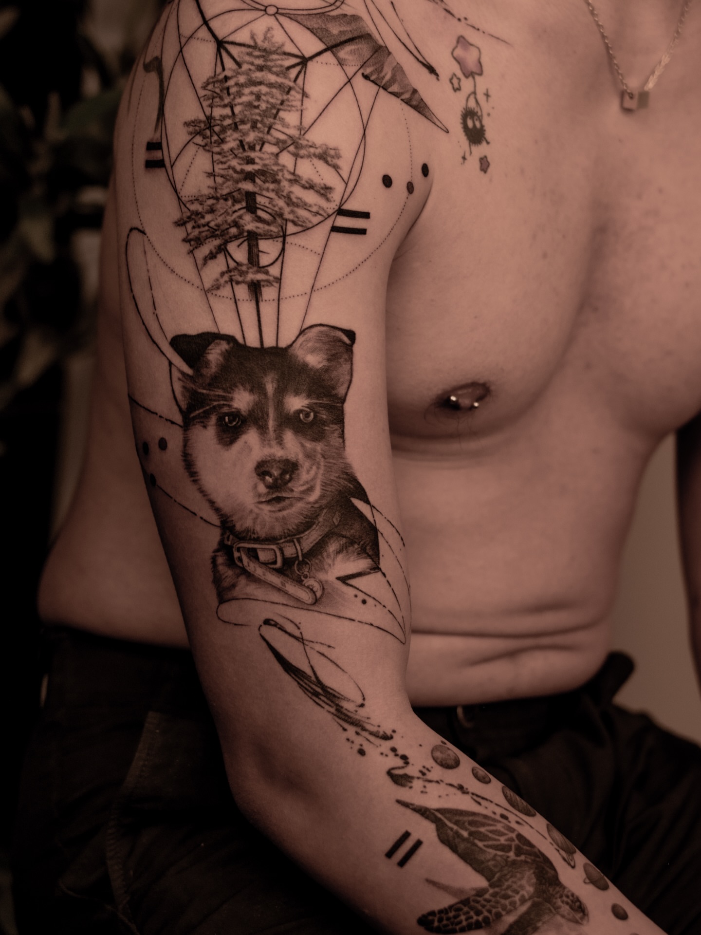 Dog portrait realism tattoo on the forearm by Mark D, Los Angeles, California