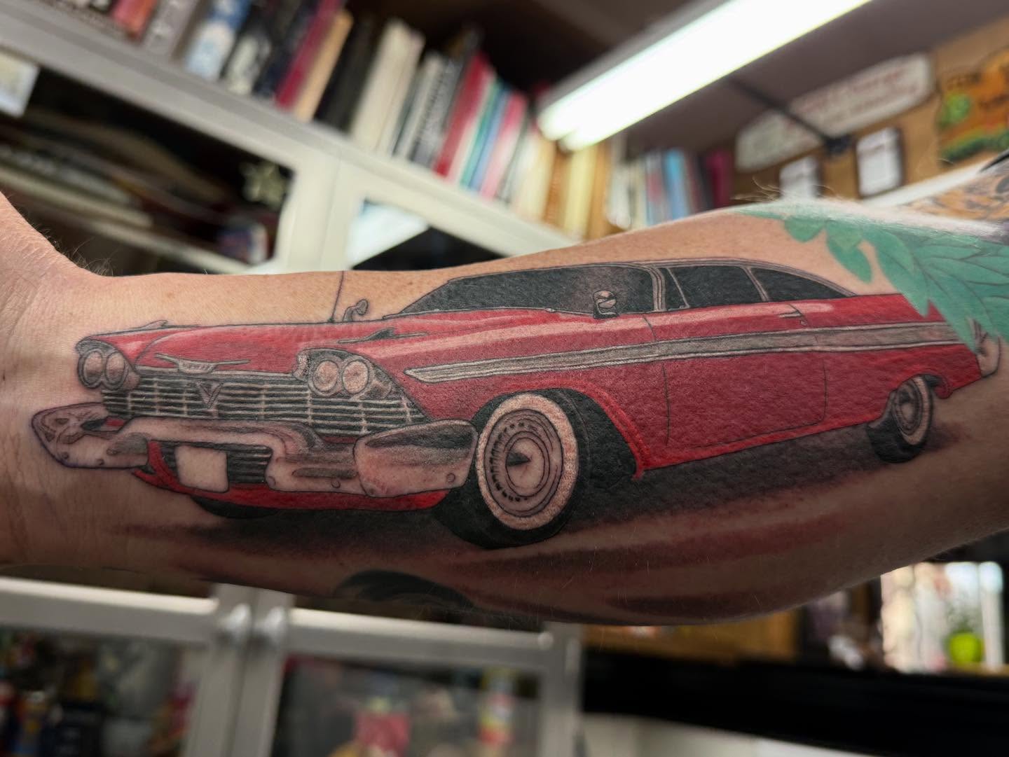 Classic car realism tattoo on the forearm by Hori Bensei, Charlottesville, Virginia