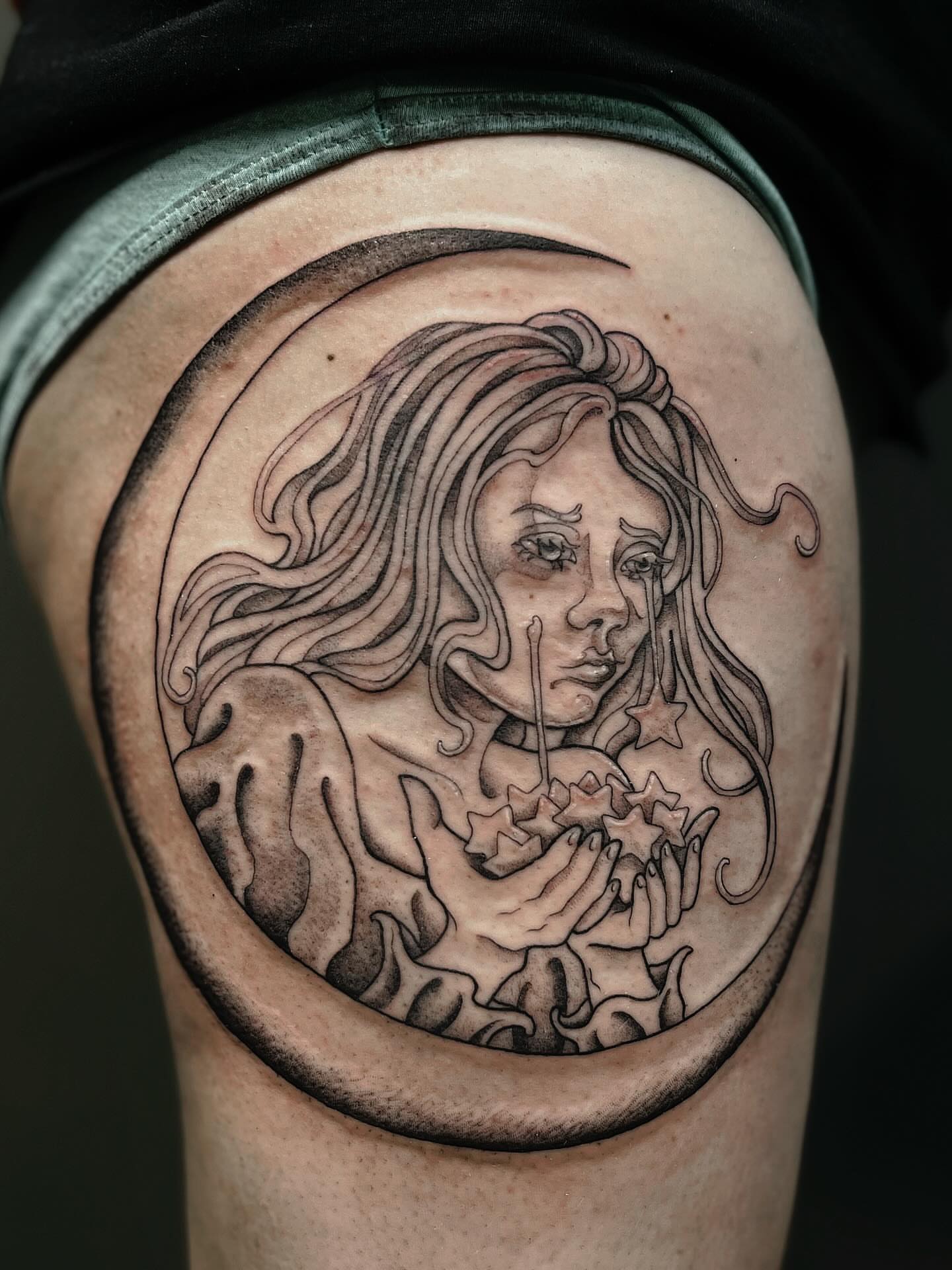 Woman with stars realism tattoo on the thigh by β
πΈππππ β