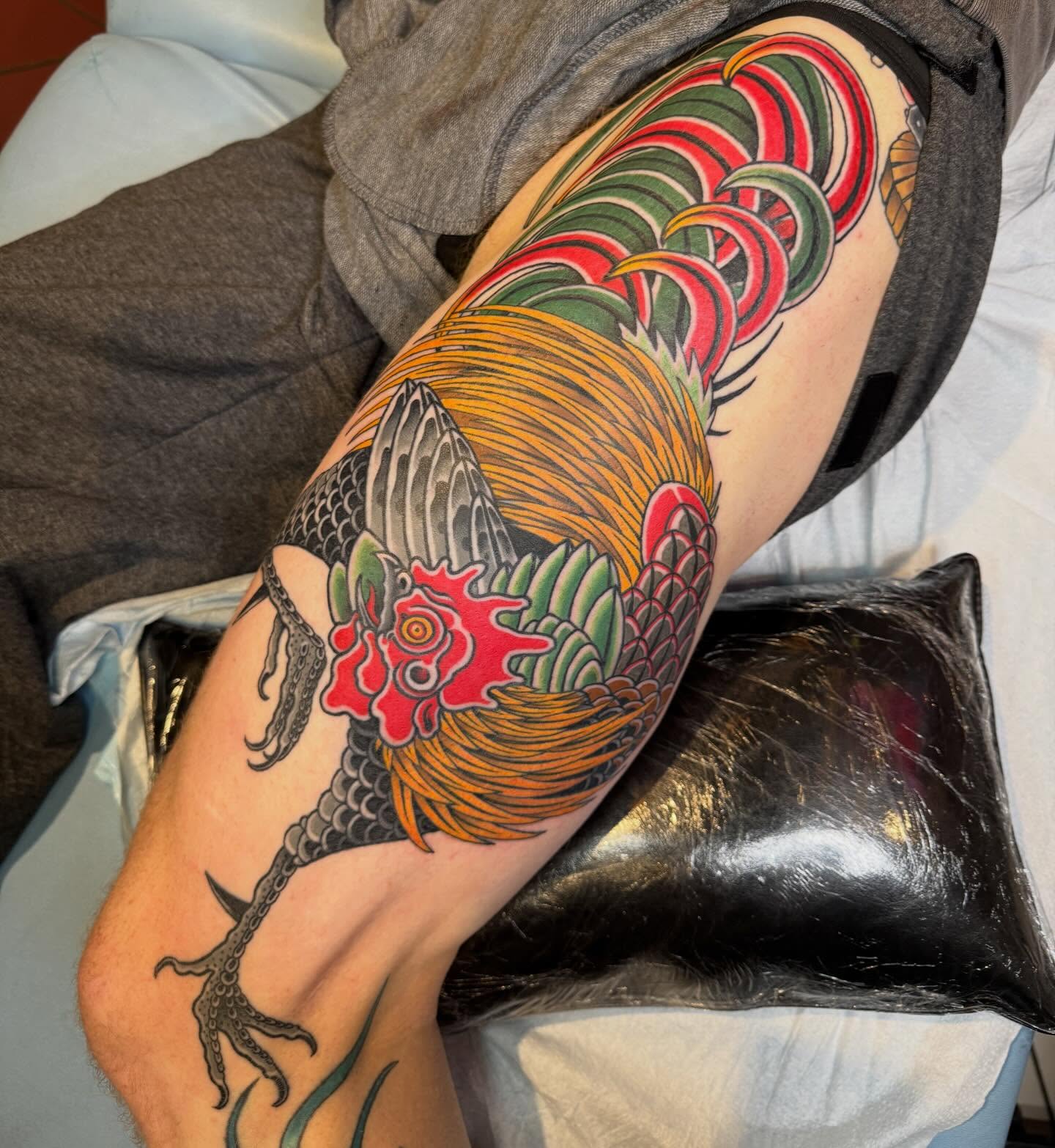 Rooster japanese irezumi tattoo on the forearm by Derek Noble, San Francisco, California
