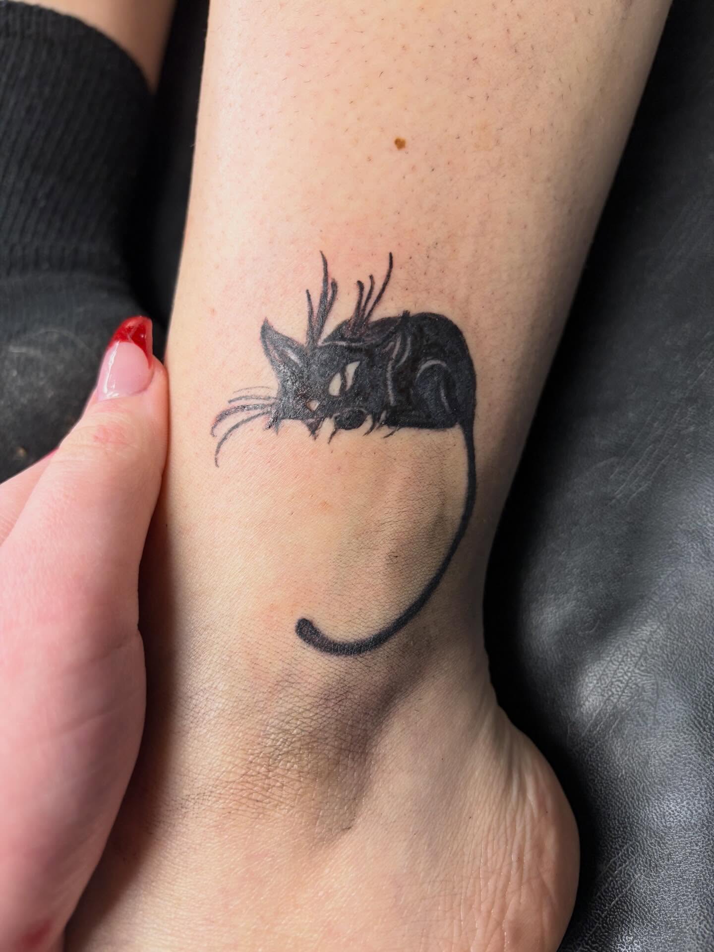 Cat black and grey tattoo on the forearm by Madison