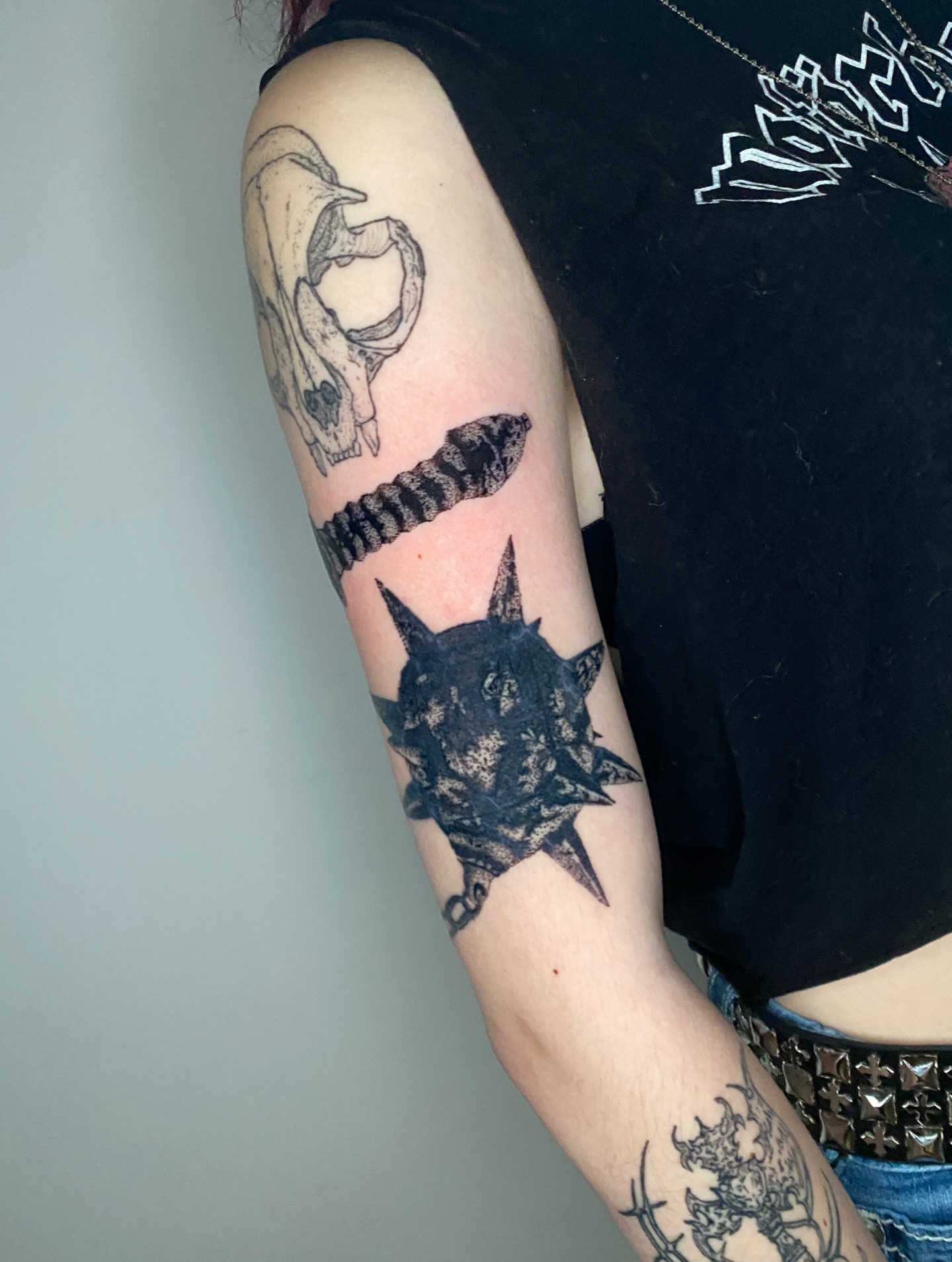 Cat with spikes geometric tattoo on the forearm by Aidan Leery, Portland, Oregon