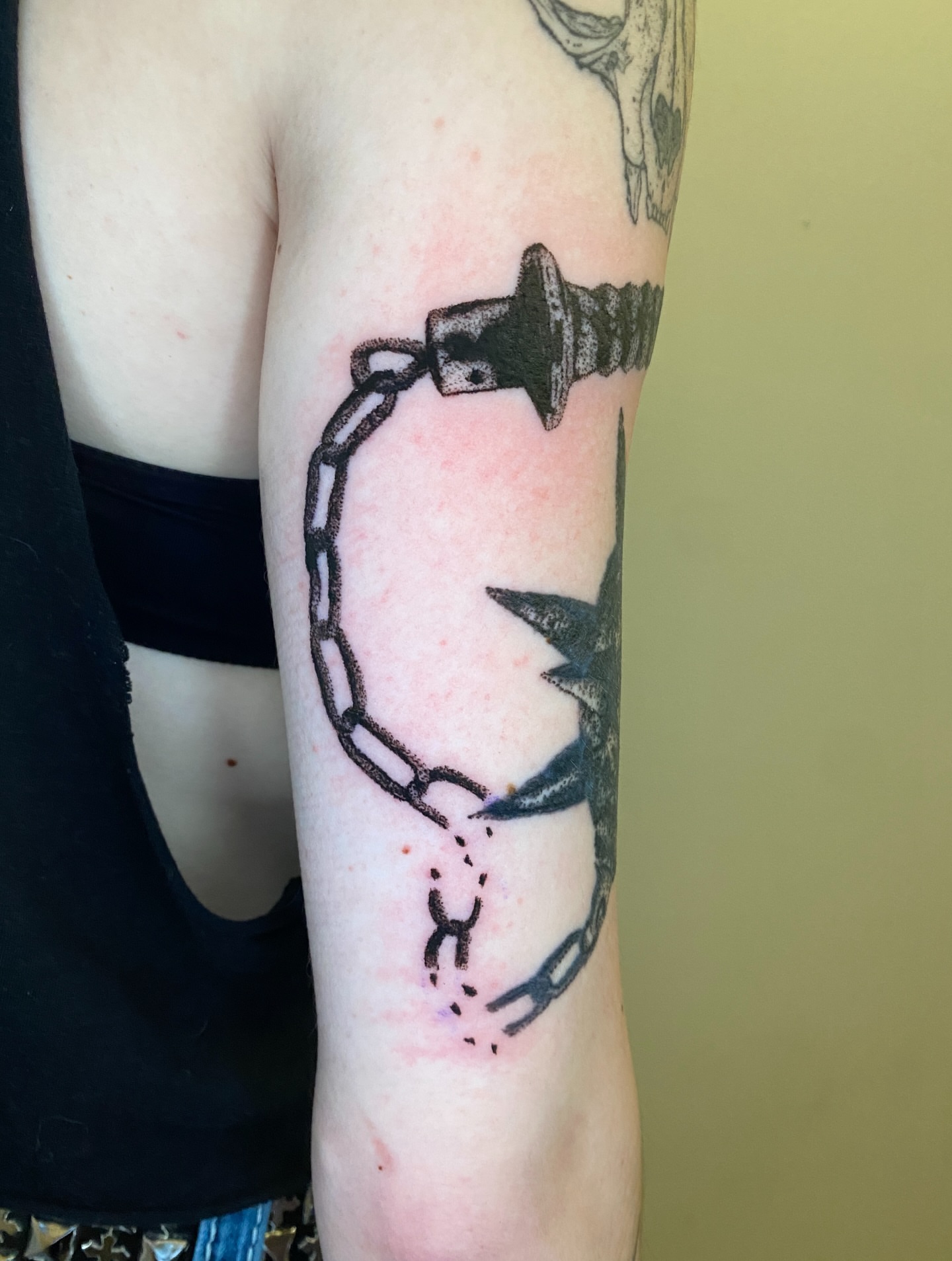 Barbed wire and bird black and grey tattoo on the forearm by Aidan Leery, Portland, Oregon