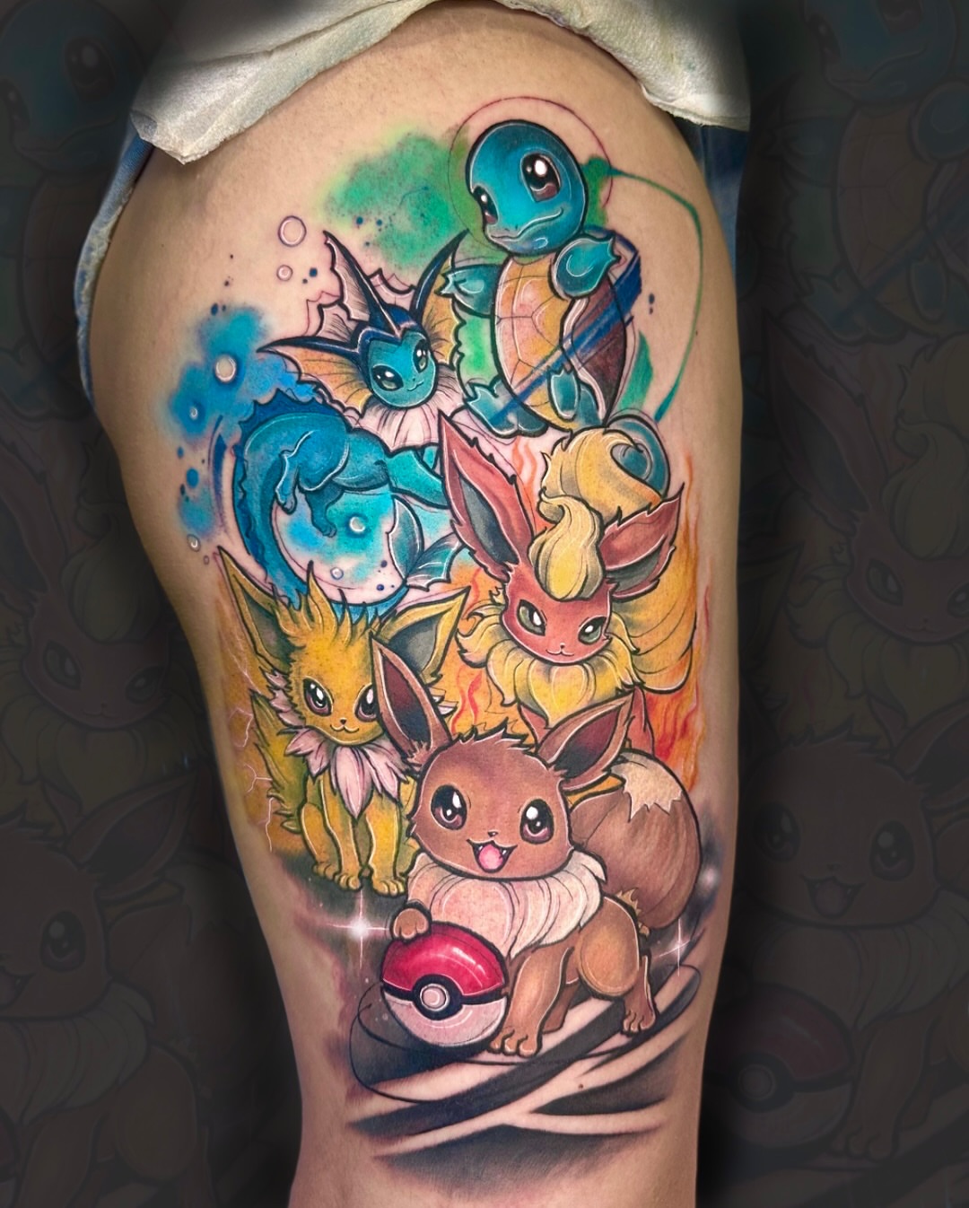 Pokémon evolution line watercolor tattoo on the thigh by Alena Petunia