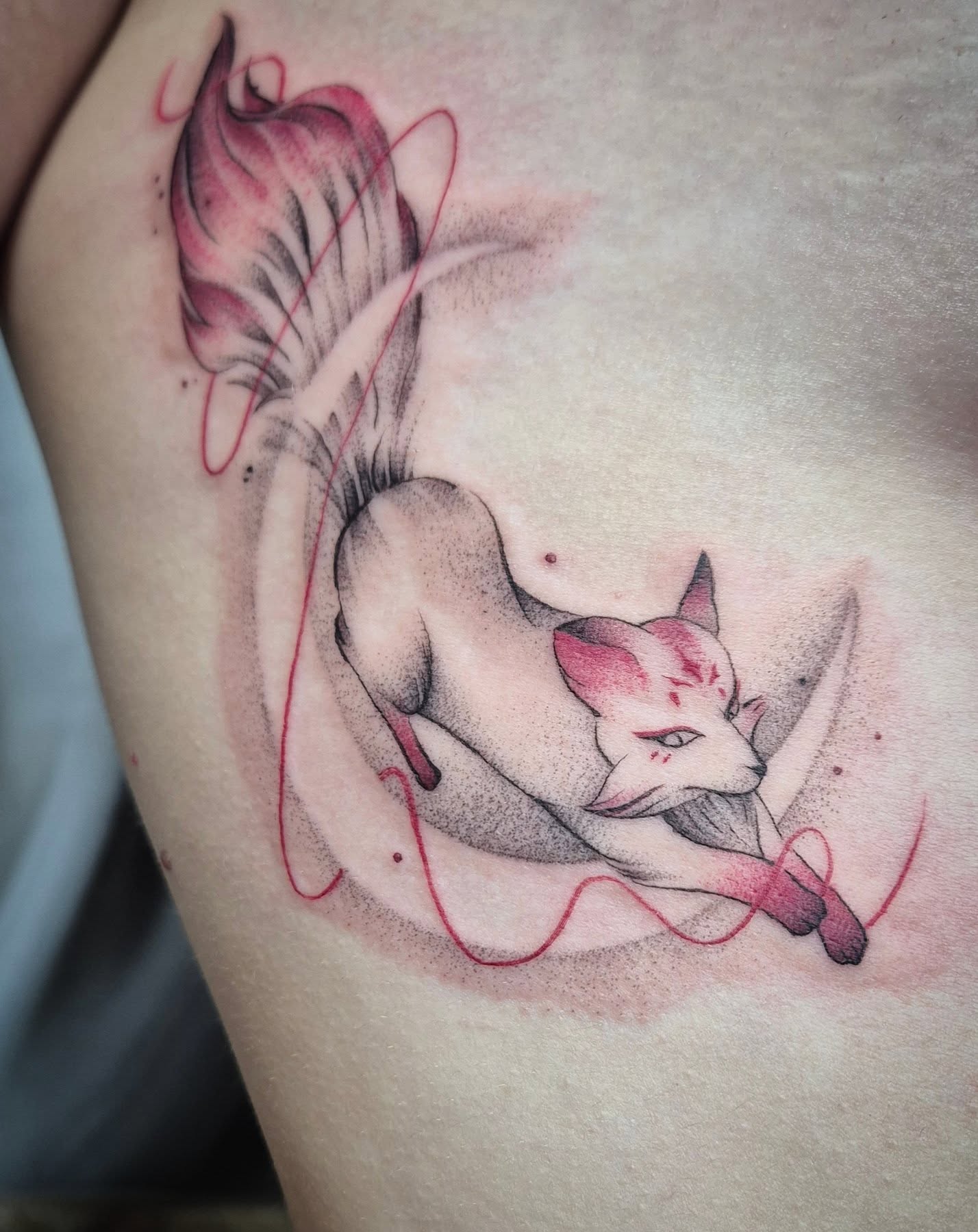 Cat dotwork tattoo on the thigh by Тату Херсон _ Kherson tattoo, Kherson