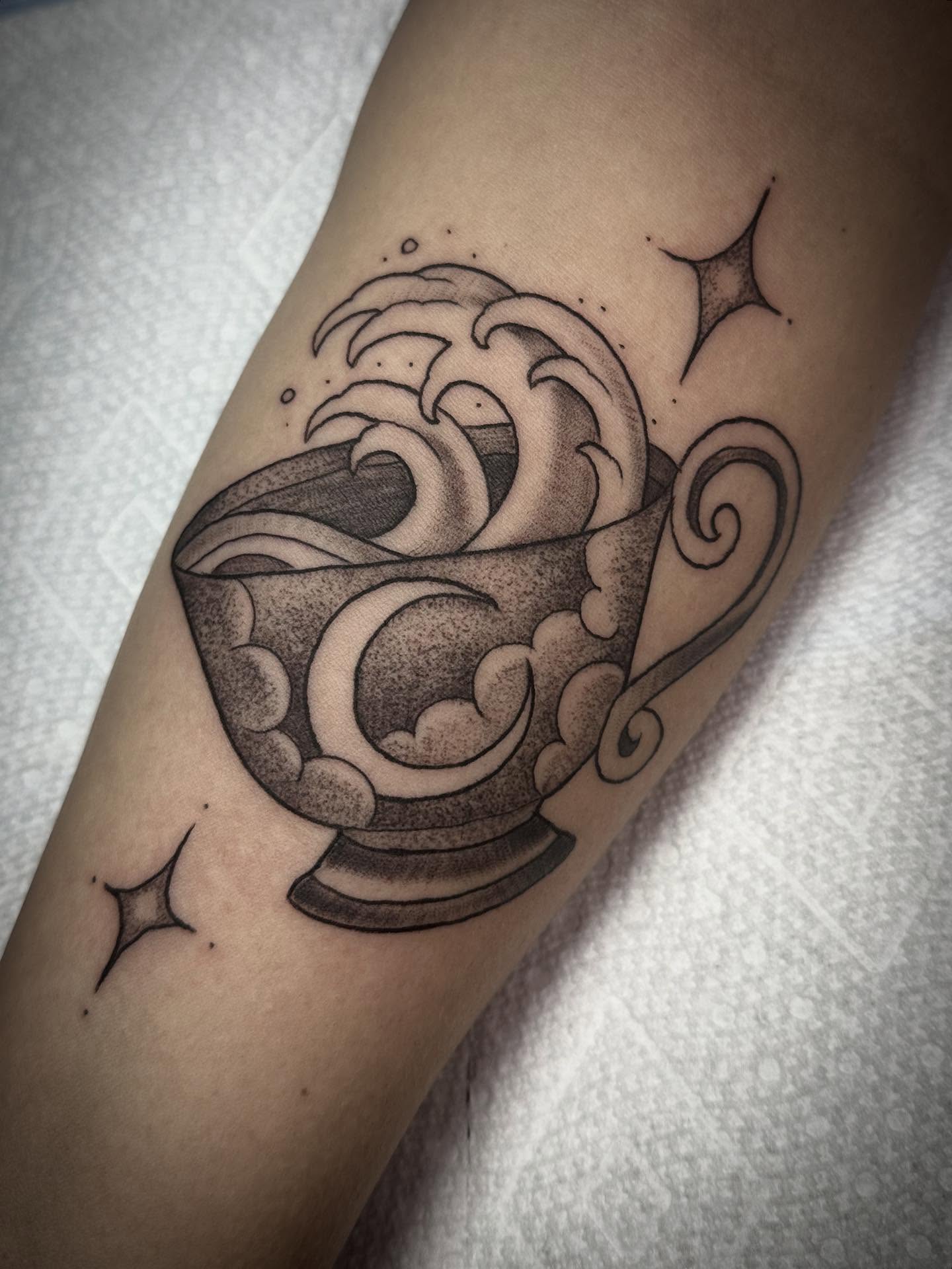 Wave in cup dotwork tattoo on the forearm by Heather Tattoos Danvers MA