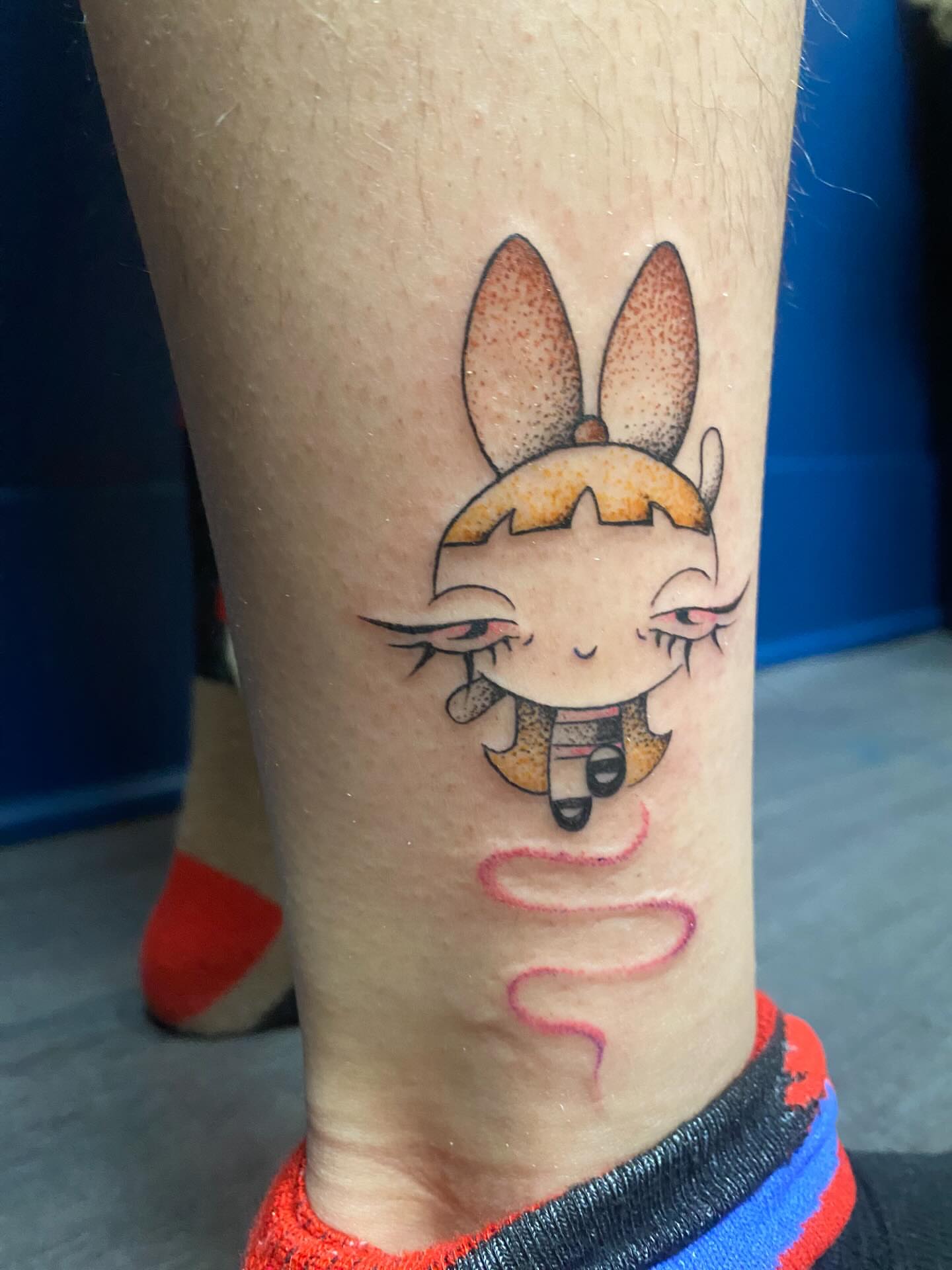 Anime character dotwork tattoo on the forearm by Jesikah Rapp