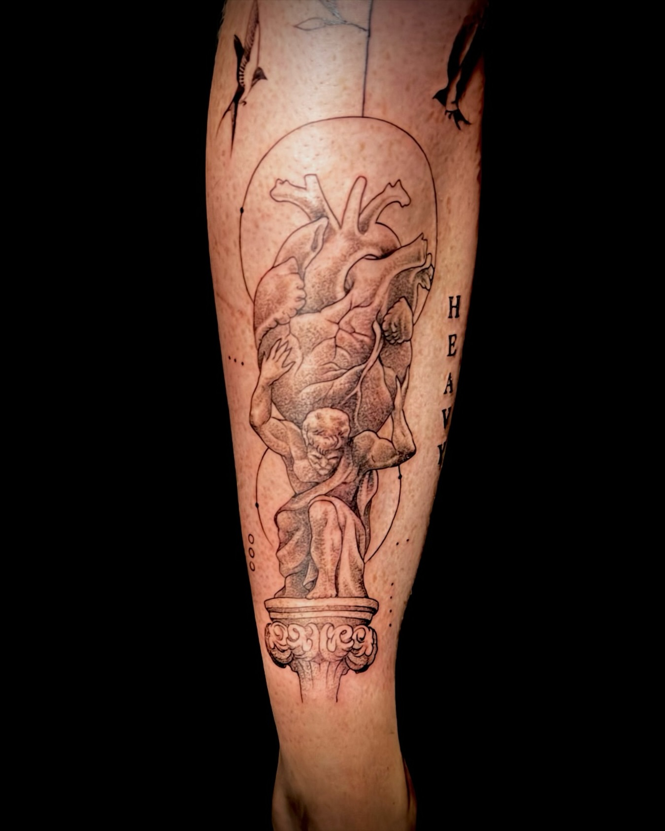 Statue of man black and grey tattoo on the forearm by IX