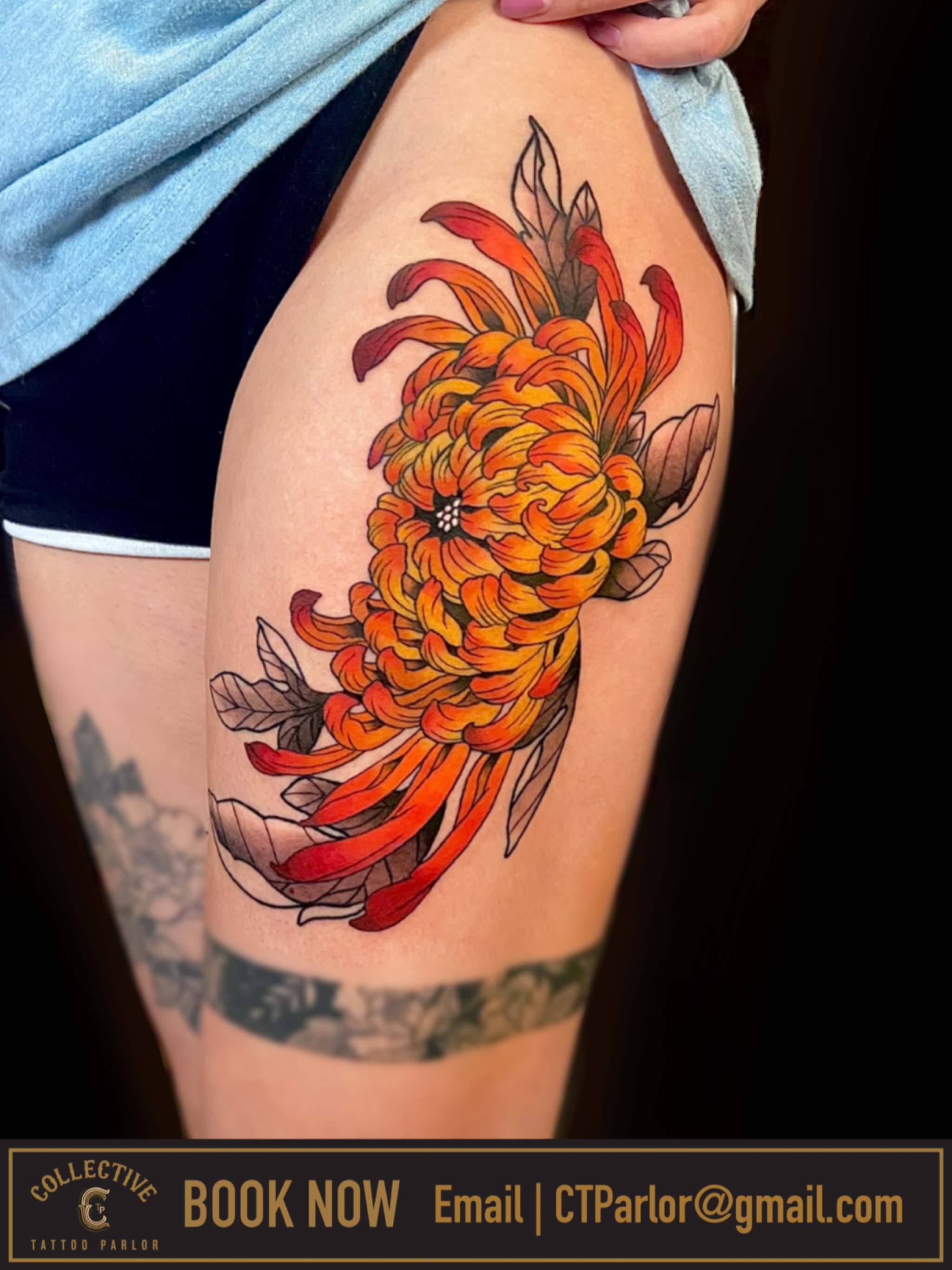 Chrysanthemum geometric tattoo on the thigh by Las Vegas Tattoo Artist π€ Nani
